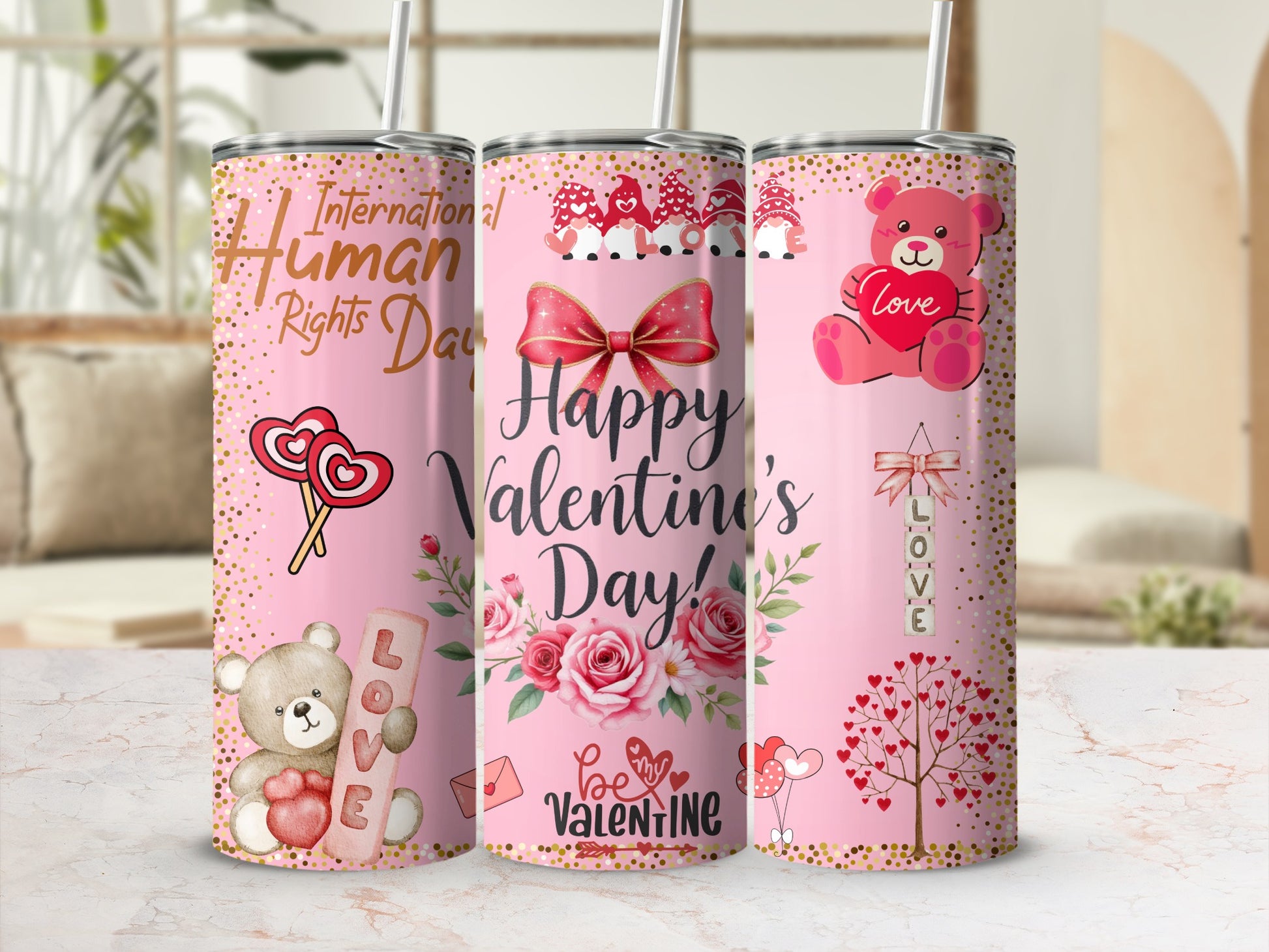 Happy Valentine's Day Love Bear Floral Tumbler