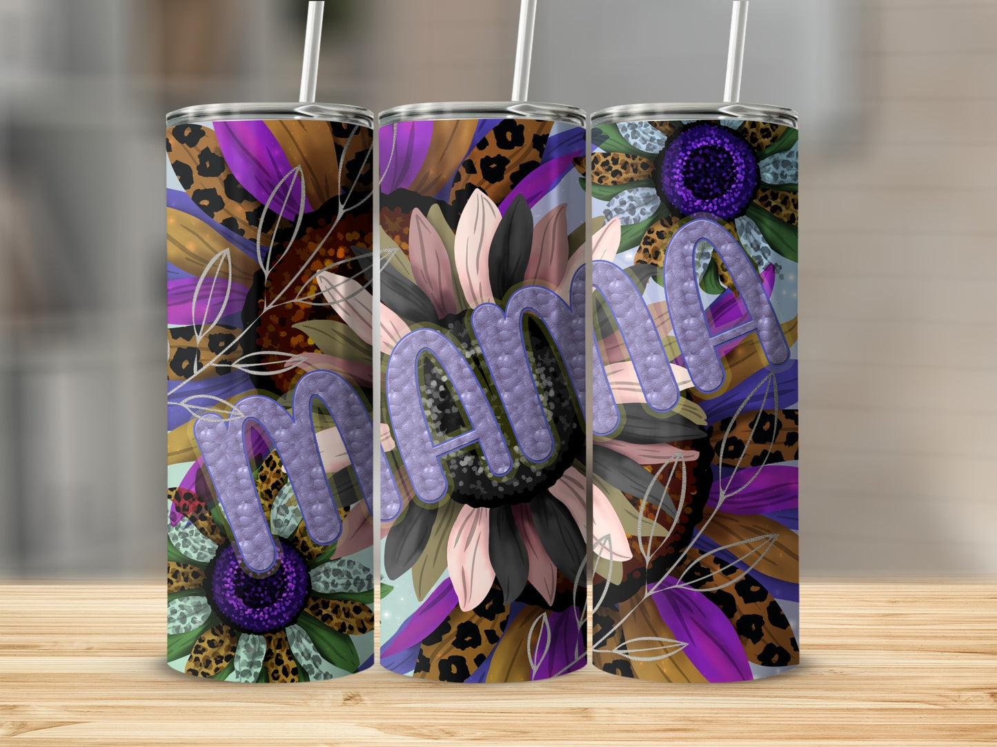Floral mama tumbler with sunflowers and leopard print accents.