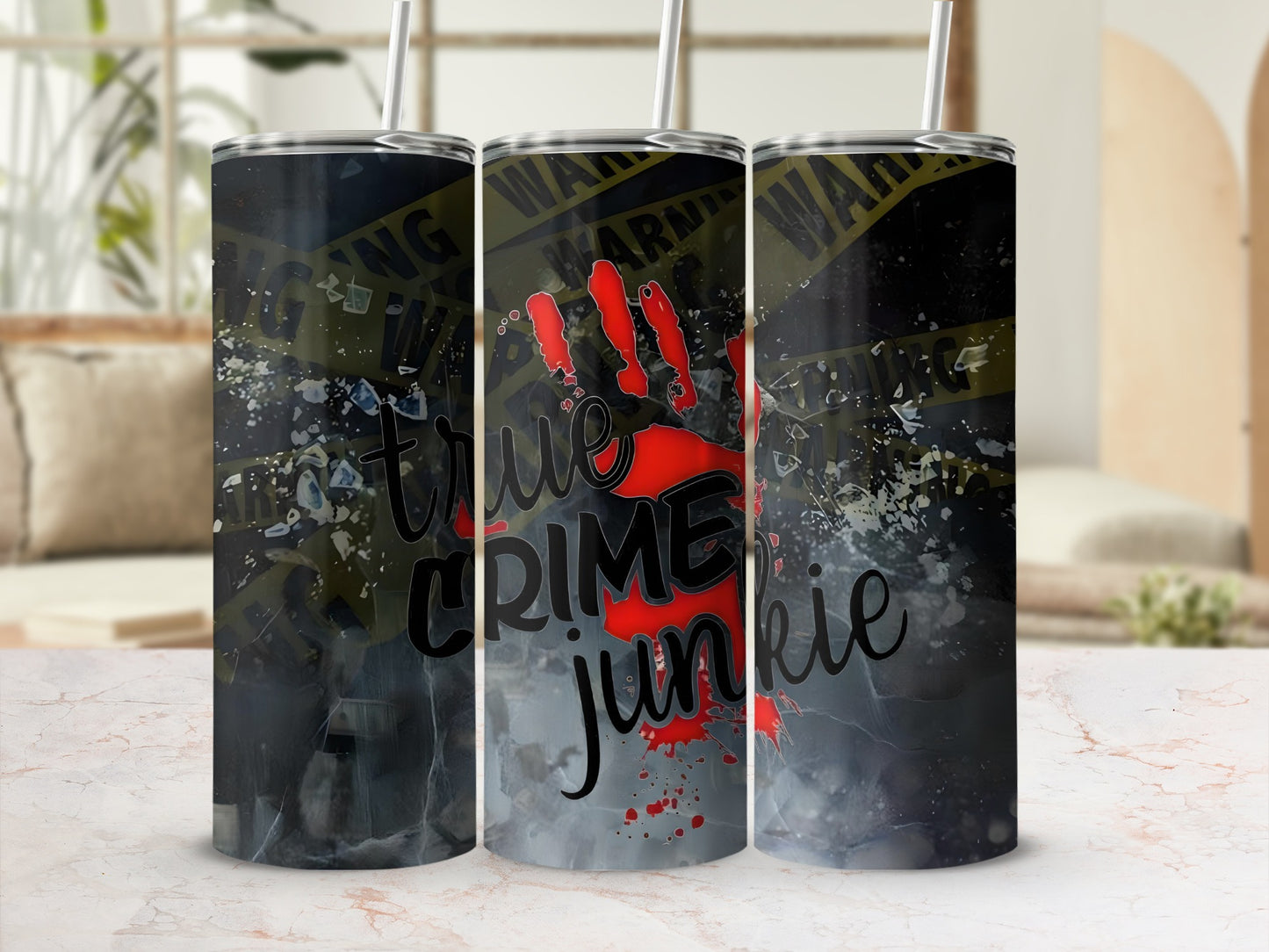 True Crime Junkie Tumbler with Crime Scene Design