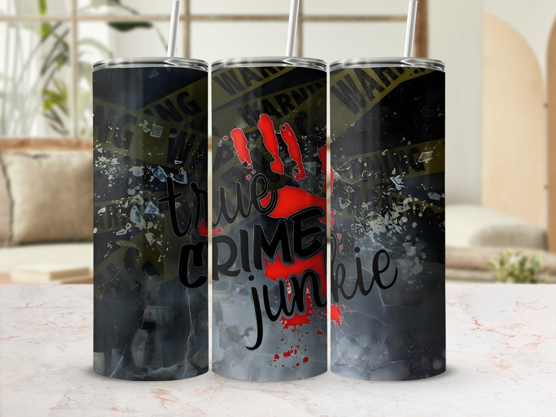 True Crime Junkie Tumbler with Crime Scene Design
