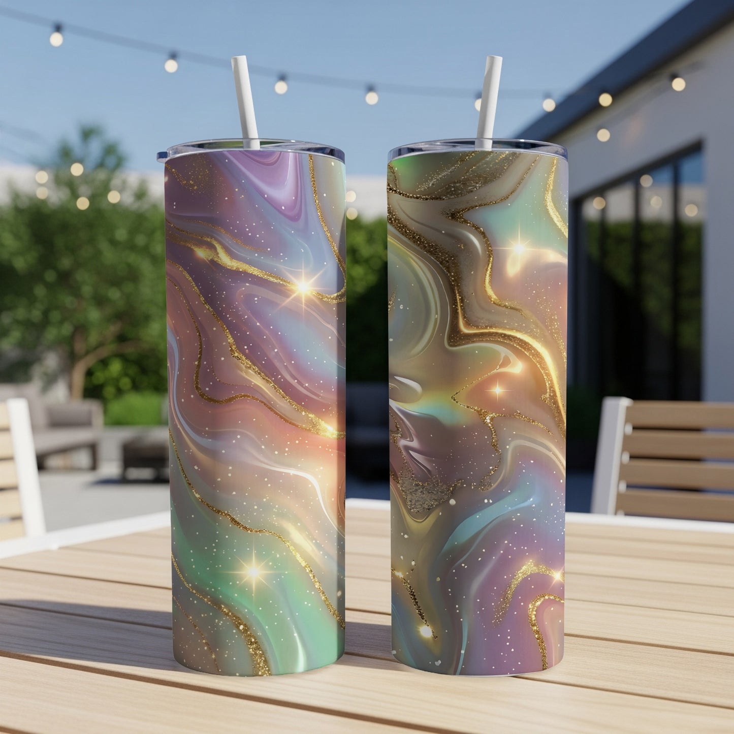 Two tumblers with colorful cosmic and glitter patterns on a wooden table.