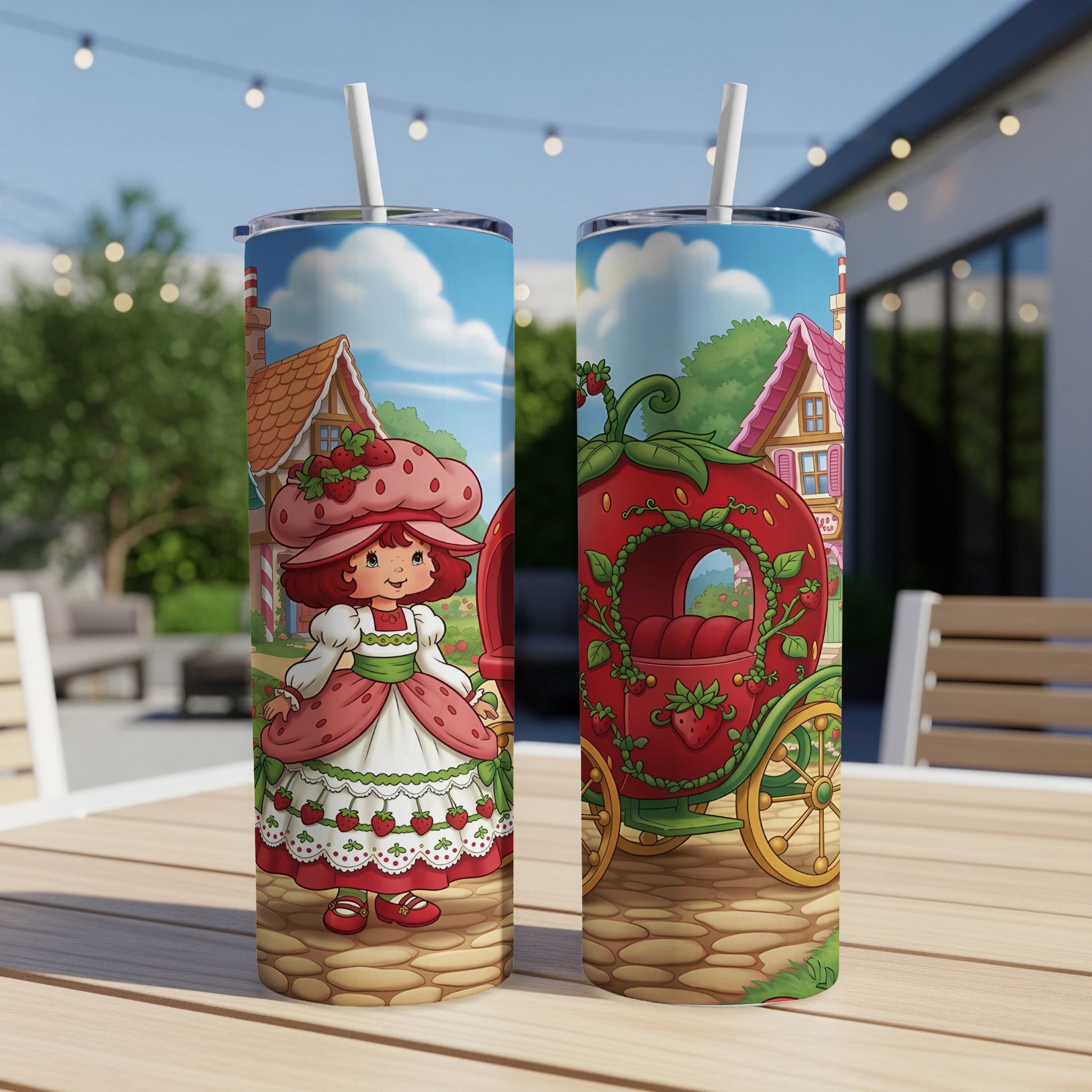 Strawberry Shortcake and a strawberry-themed carriage on a tumbler.