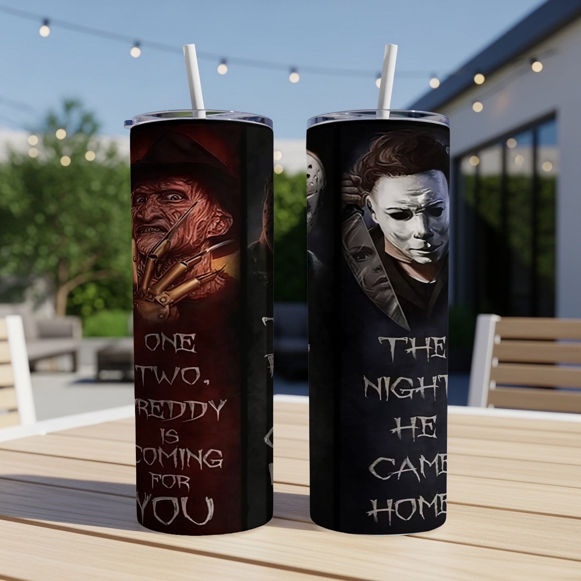 Two Halloween-themed tumblers featuring Freddy Krueger and Michael Myers.