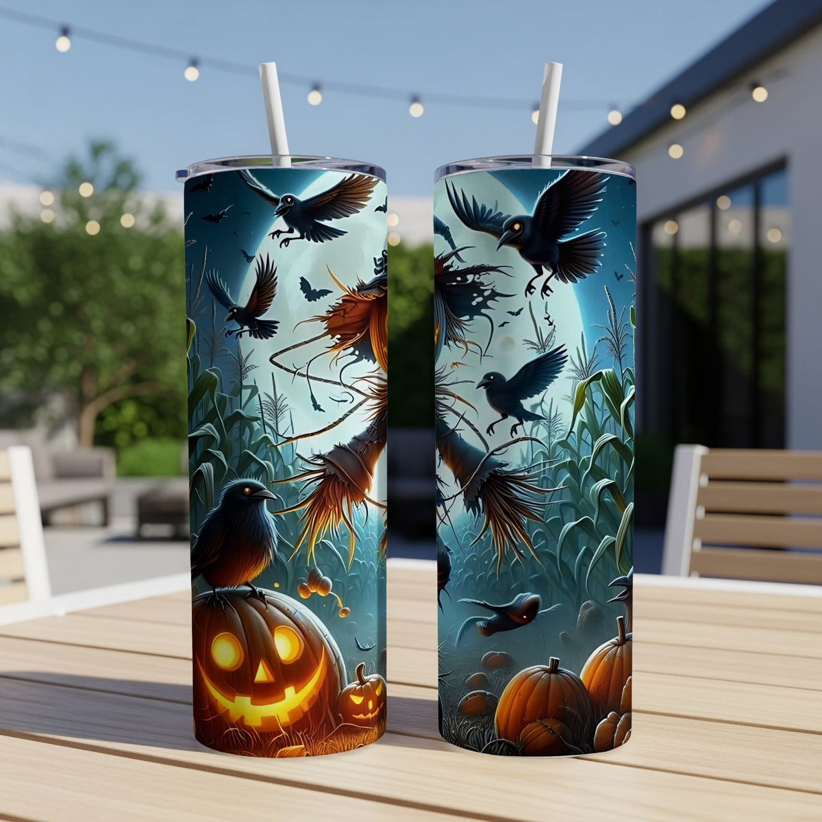Halloween tumblers with scarecrows, crows, pumpkins, and a full moon.