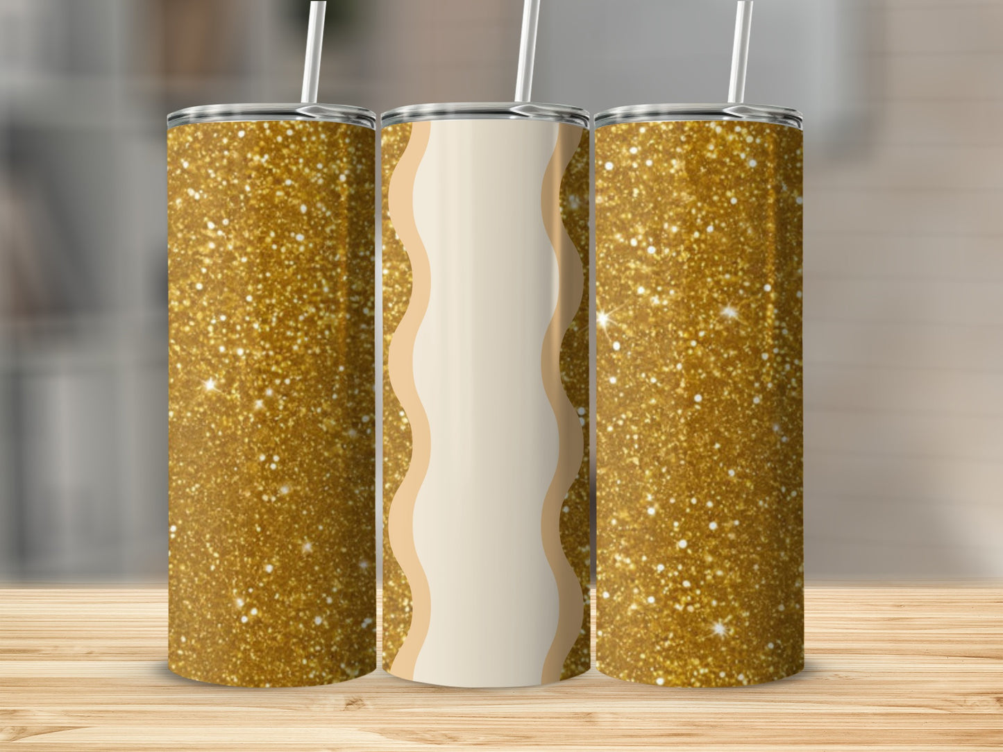Three glitter tumblers with wavy cream and beige designs.