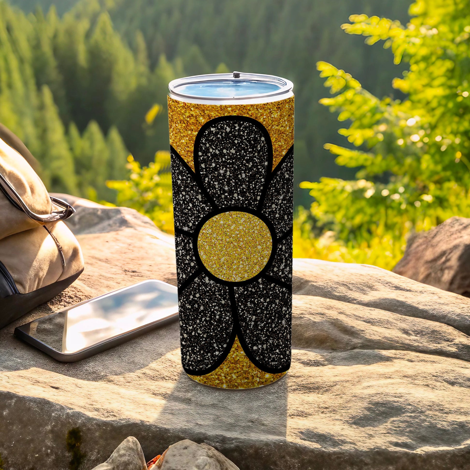 Glittery Black and Gold Floral Design Tumbler