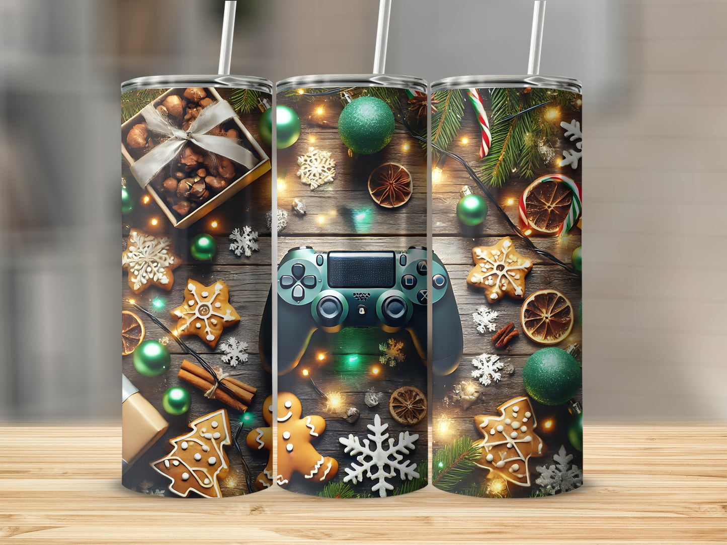 Gaming controller surrounded by Christmas decorations and gingerbread cookies.