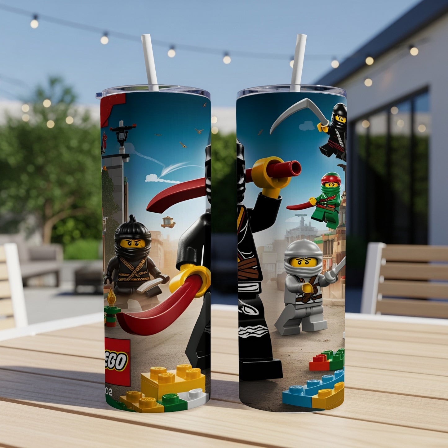 LEGO Ninjago characters with swords on a patterned tumbler with straws.