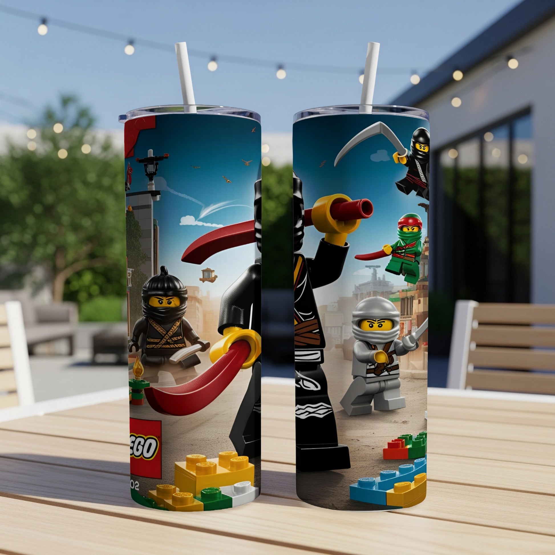 LEGO Ninjago characters with swords on a patterned tumbler with straws.