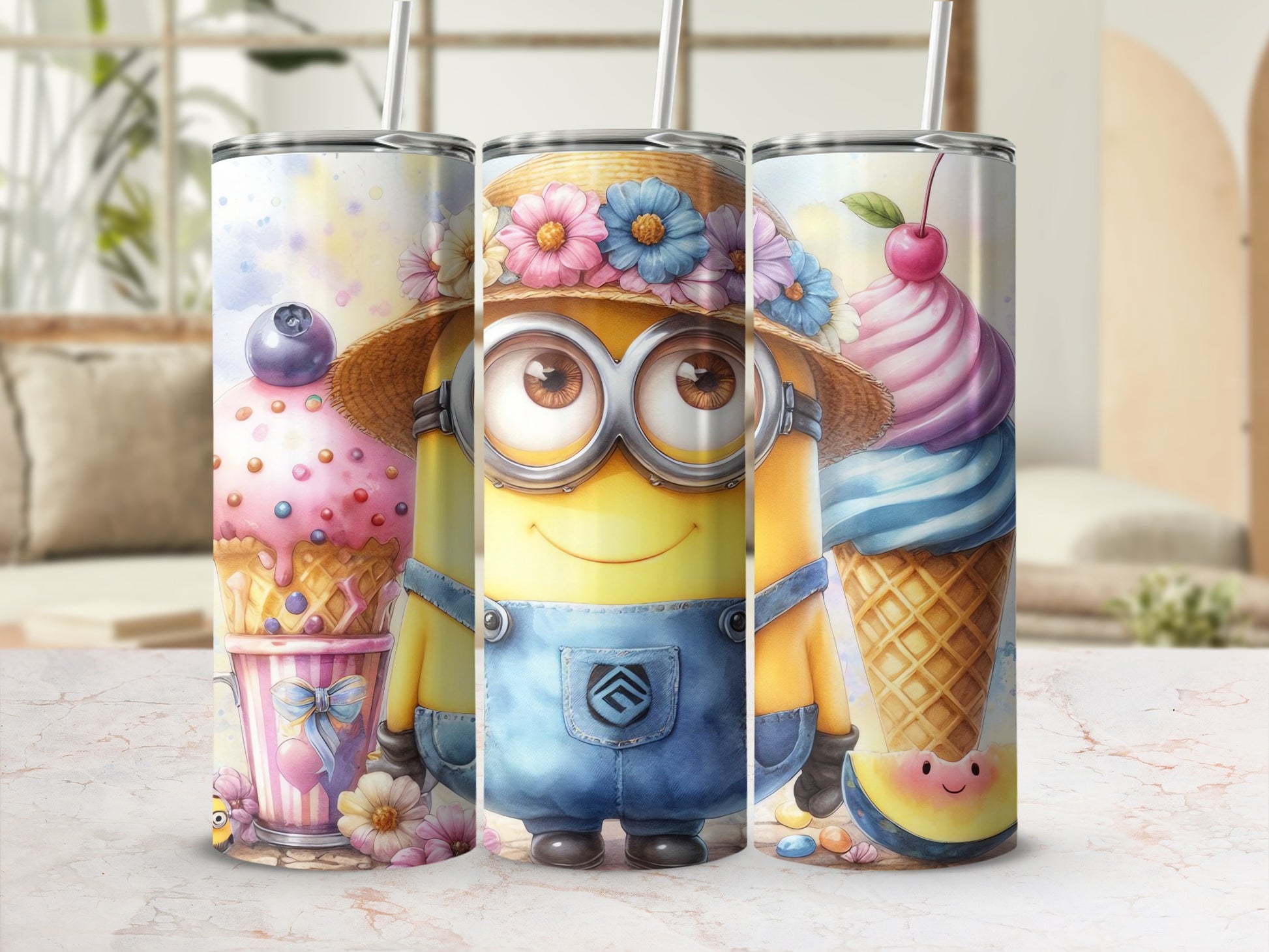 Cute Minion Ice Cream and Cupcake Stainless Steel Tumblers