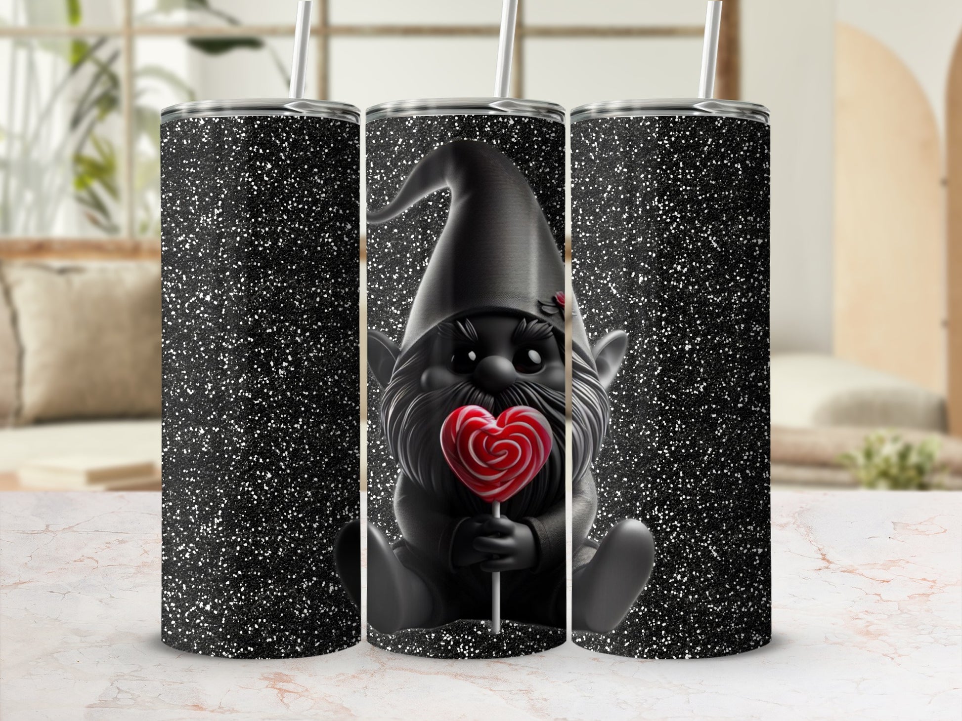 Black Glitter Gnome with Candy Lollipop Tumbler Product
