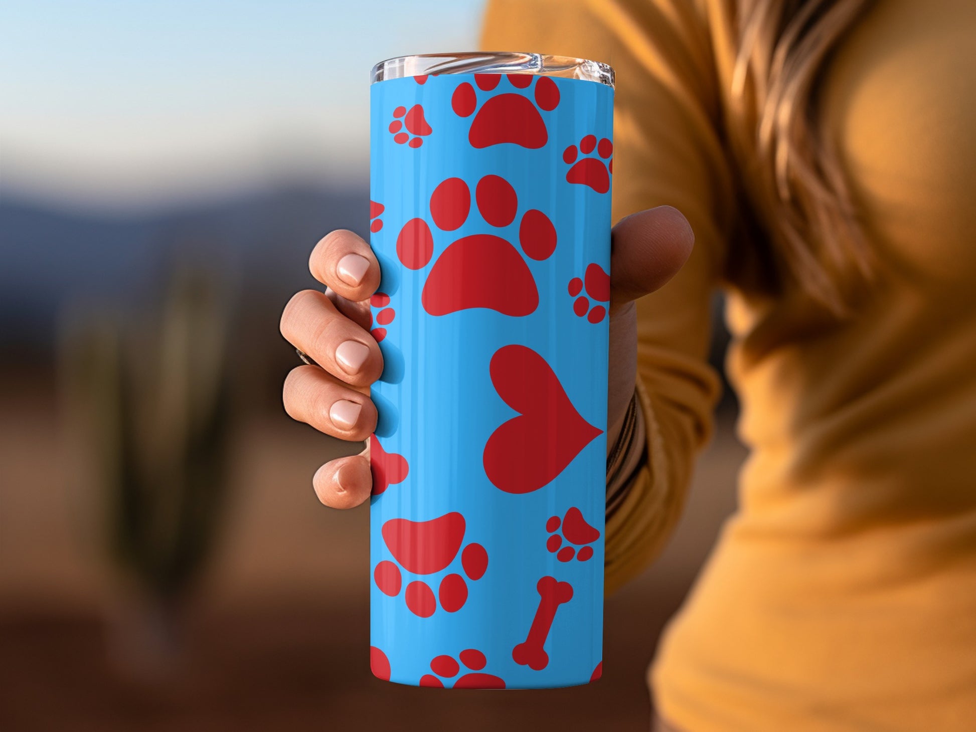 Blue Tumbler with Red Paw Prints and Hearts Design