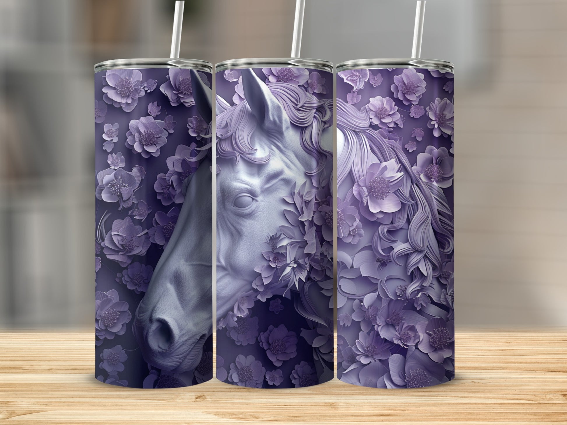 Purple horse head with floral accents on three tumblers.