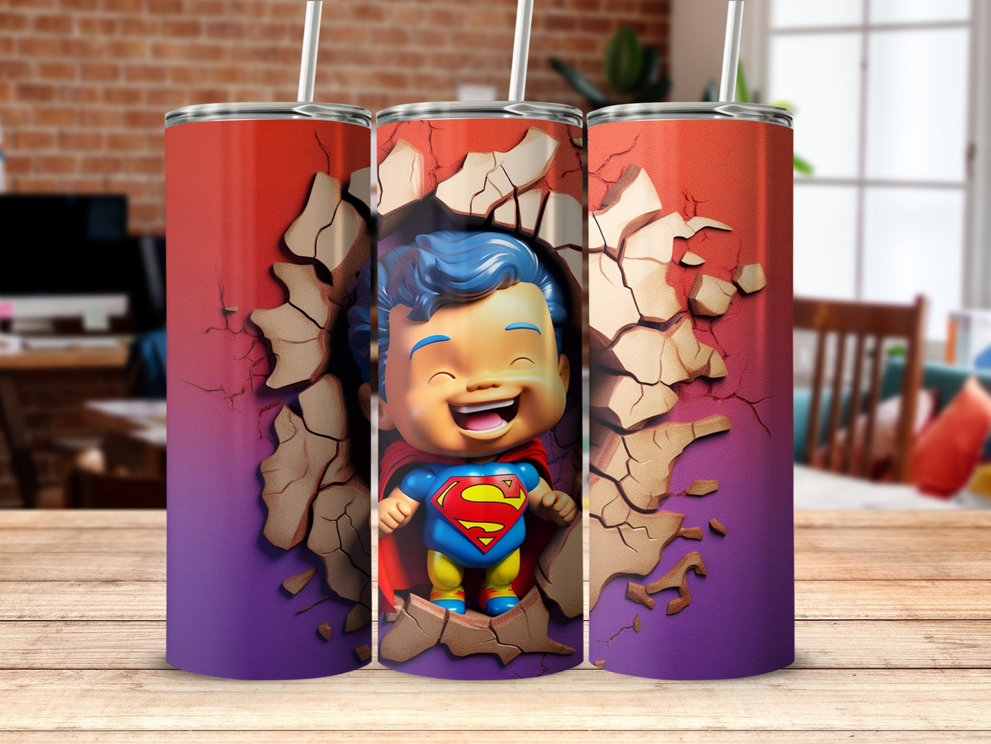 Cute Superhero Tumbler with Cracked Wall Design