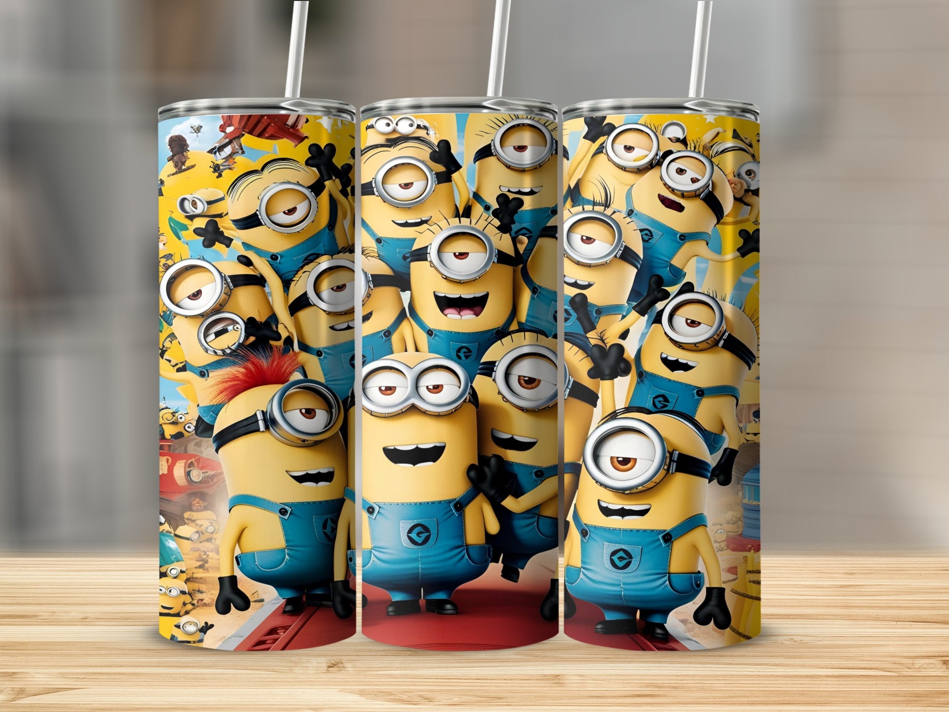 Several Minions from Despicable Me on a yellow background.