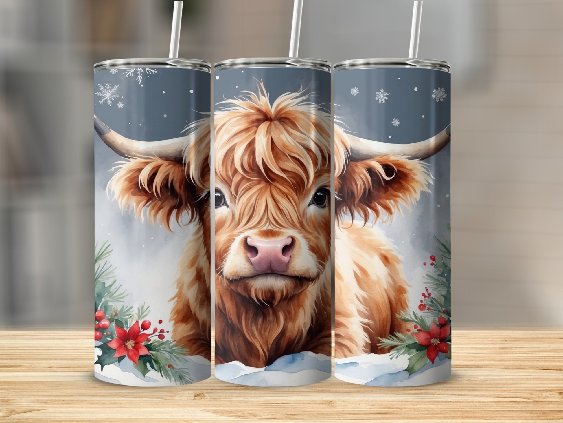Highland cow with festive greenery and snowflakes on a tumbler.