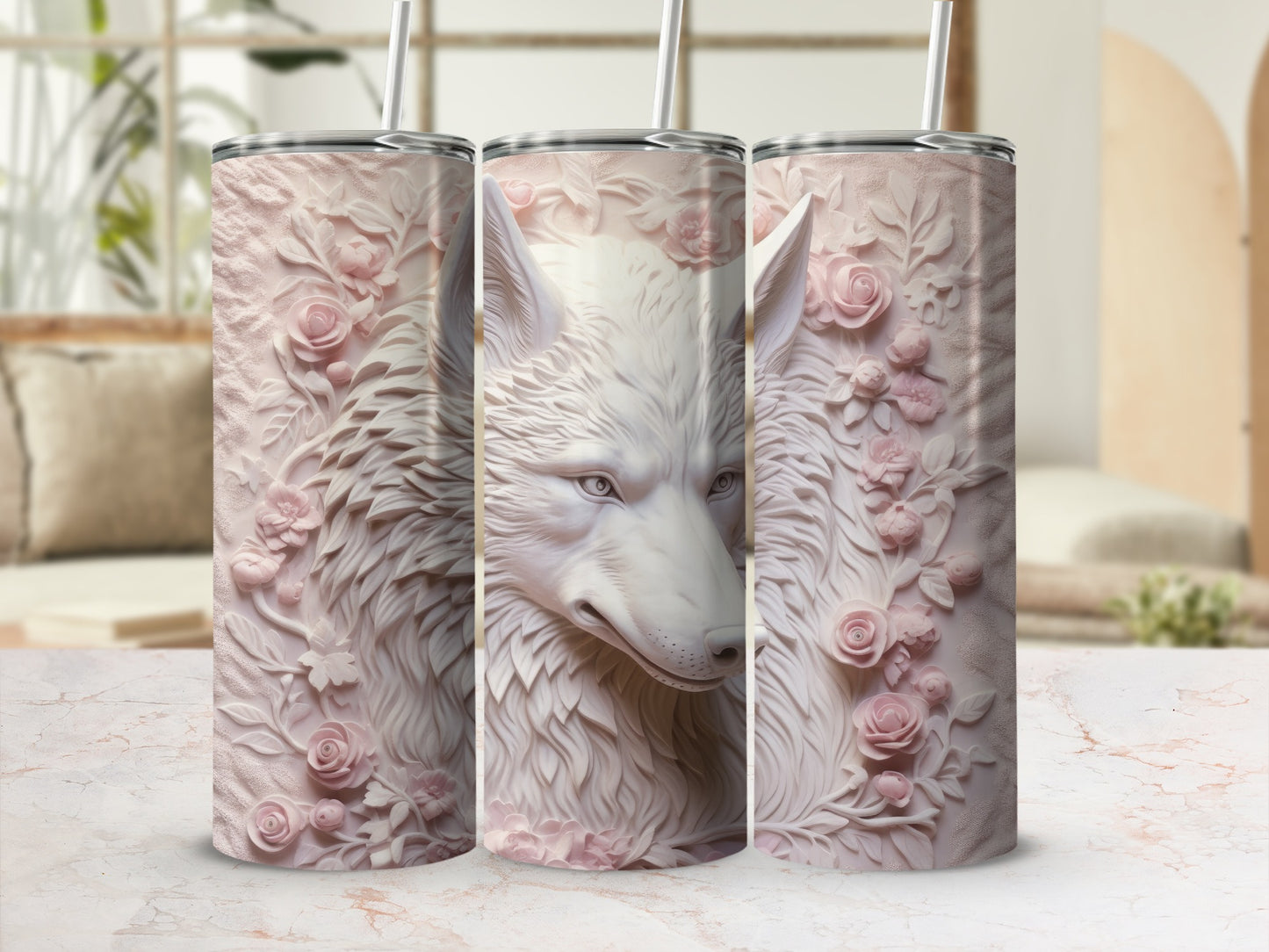 White wolf head portrait with delicate floral relief on three tumblers.