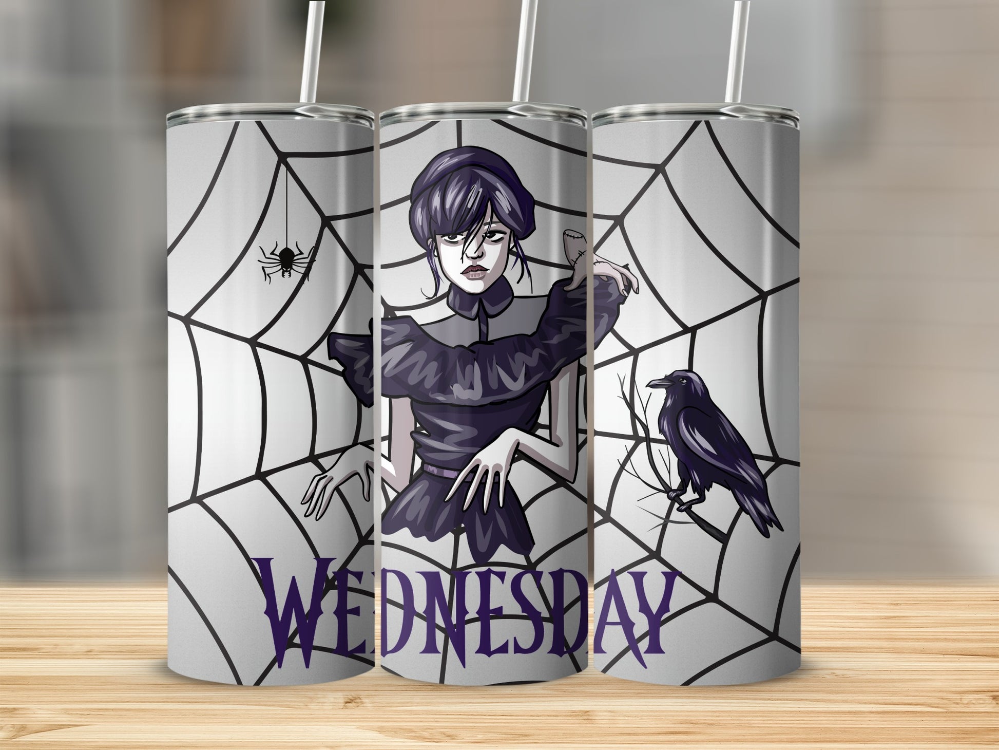 Spooky Character with Spider and Raven Wednesday Tumbler