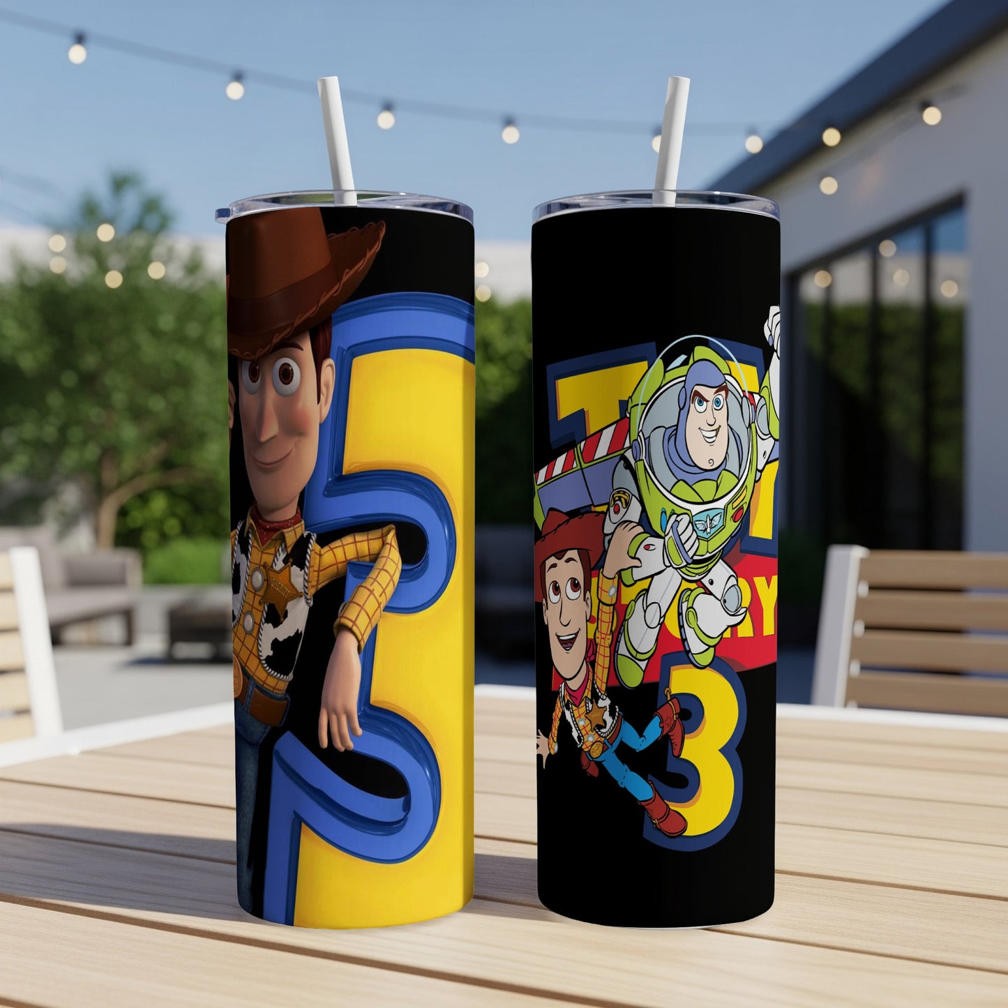 Two tumblers featuring Toy Story characters Woody and Buzz Lightyear.
