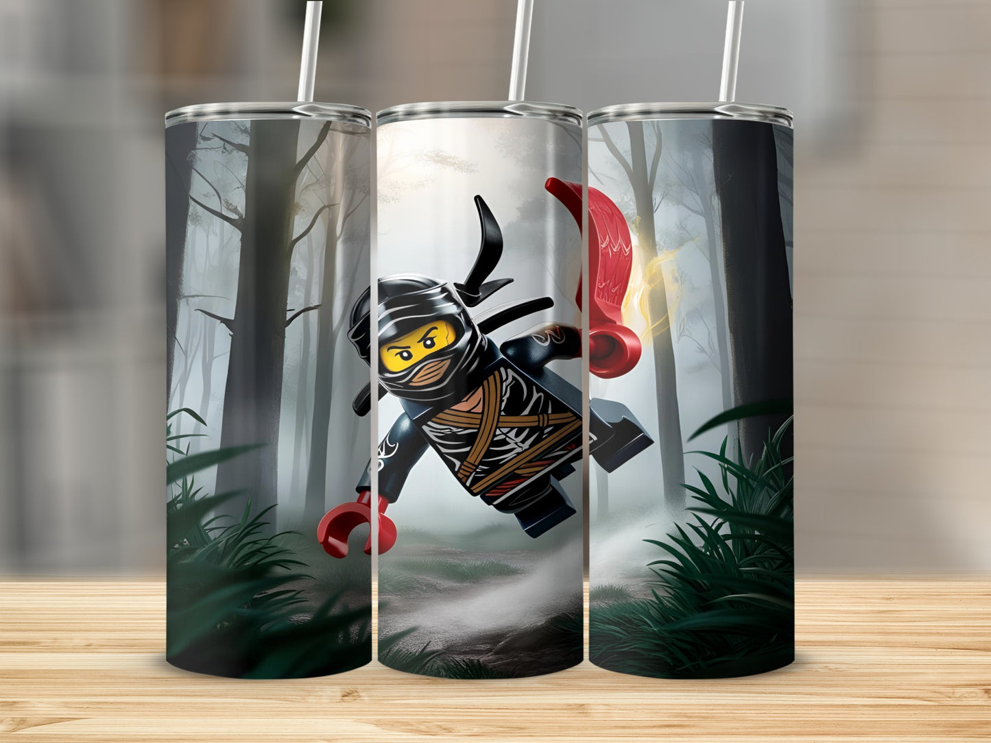 Ninjago character in action pose with sword, fog, and trees, tumbler design.