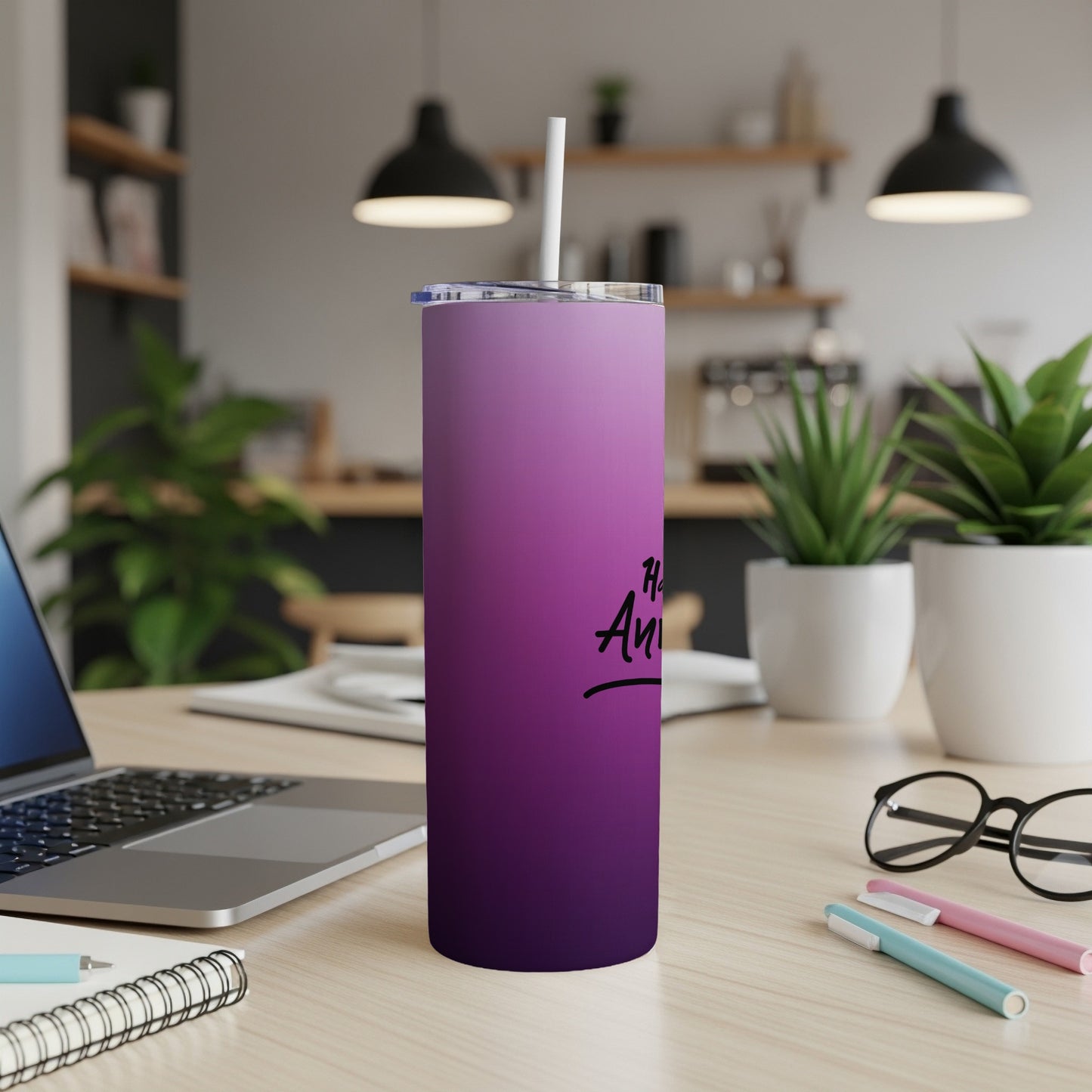 Purple gradient tumbler with "Happy Anniversary" text and a straw.