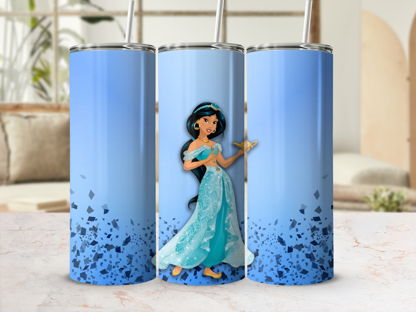 Blue tumbler with Disney's Jasmine holding a lamp against a gradient background.