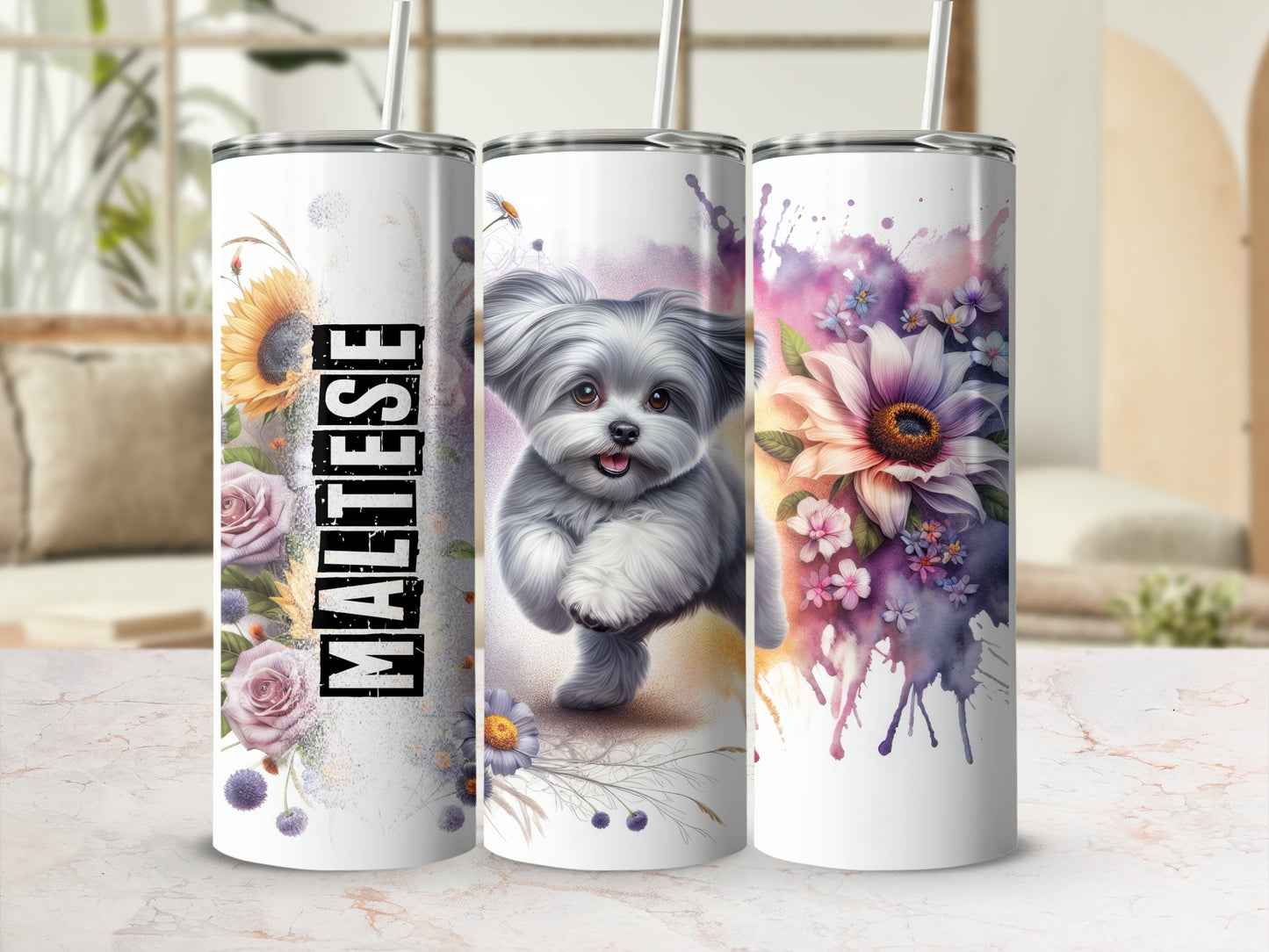 Maltese dog with floral designs on three tumblers.