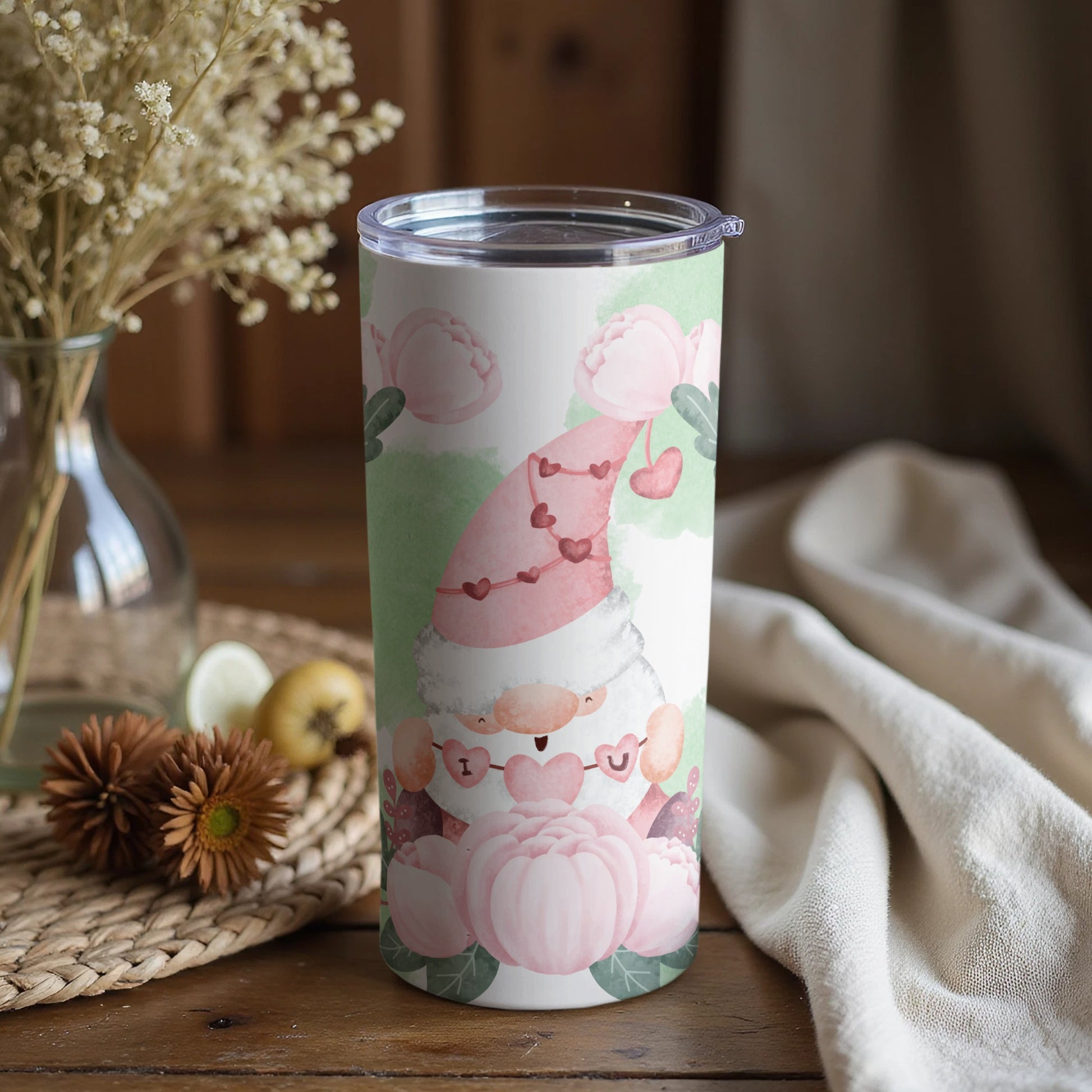 Gnome Themed Floral Elements Travel Tumbler Design