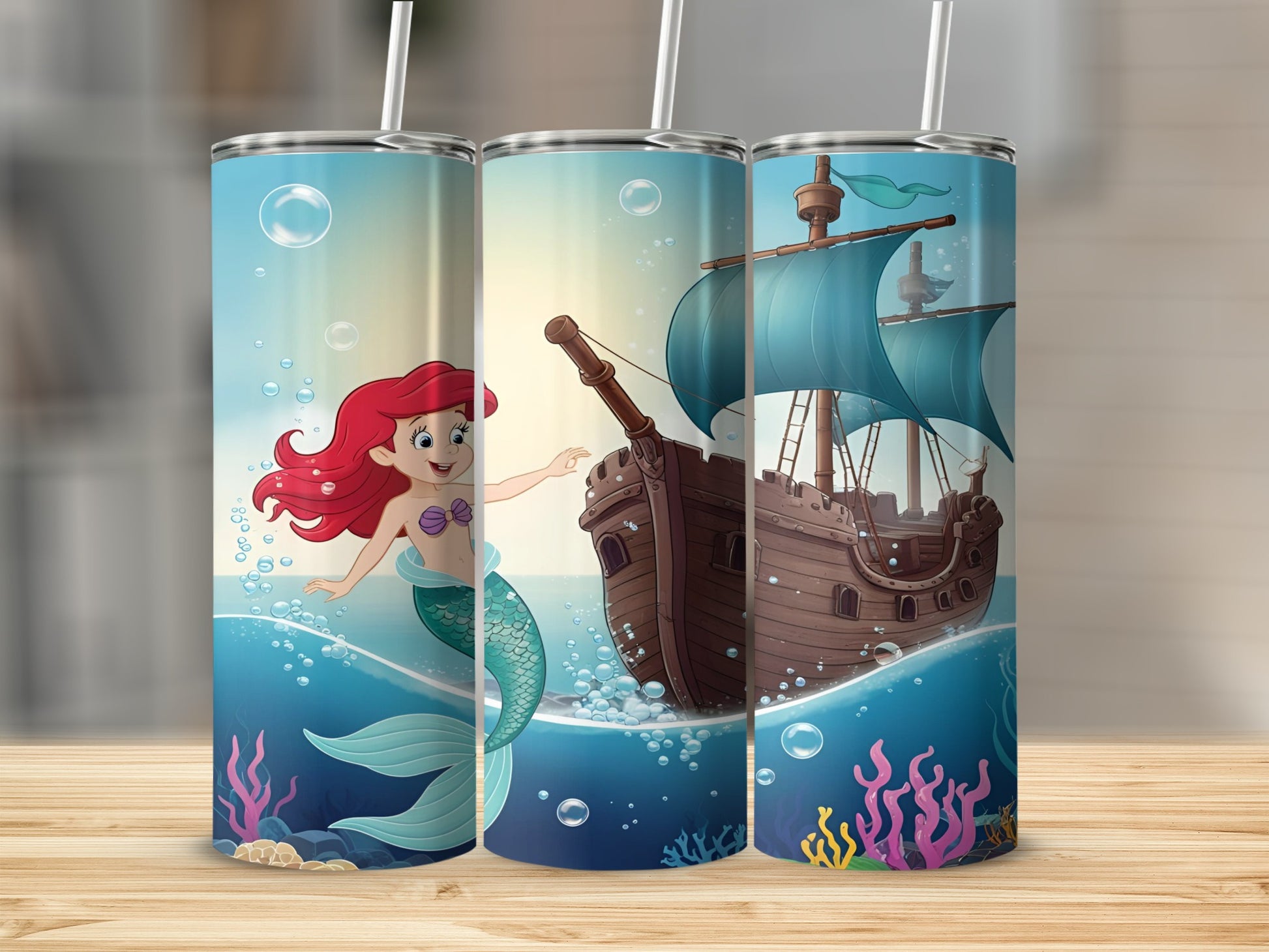 Ariel the mermaid swims by a wooden pirate ship on the ocean.