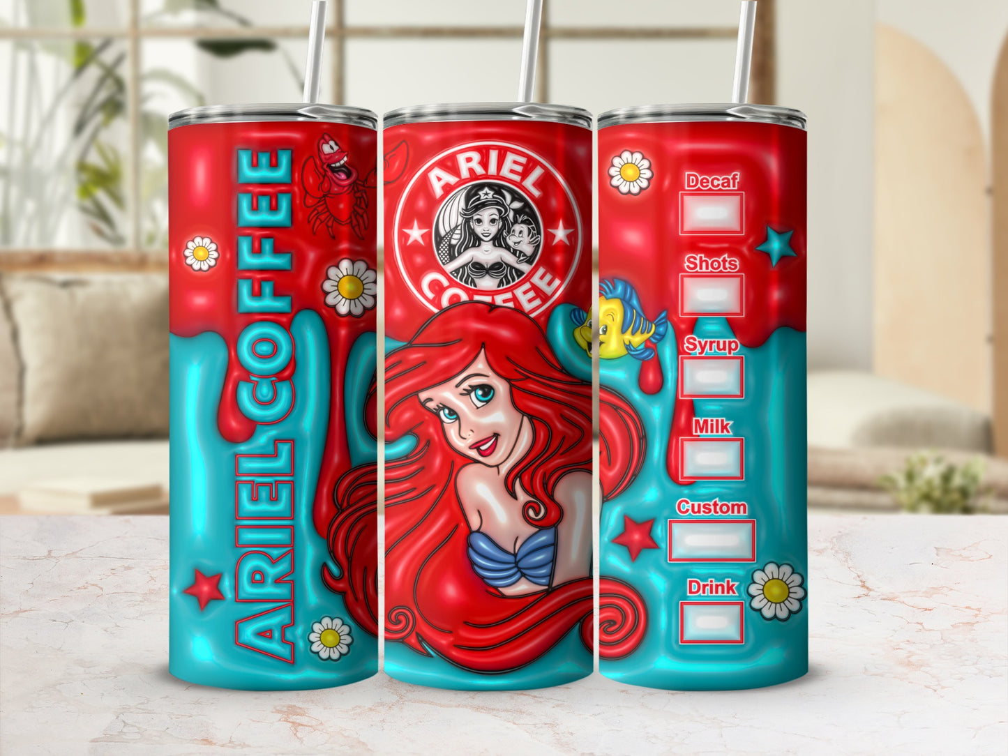 Ariel Coffee Mermaid Design Adjustable Tumbler