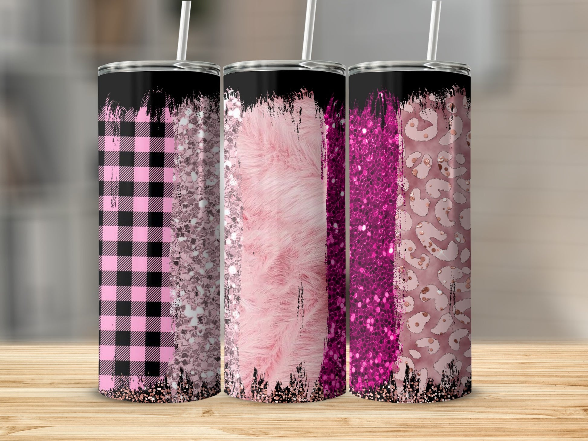 Pink Plaid Fur Glitter Leopard Print Design Tumbler product type