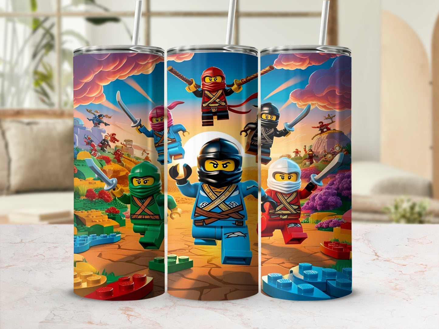 Ninjago characters fighting on colorful LEGO bricks.