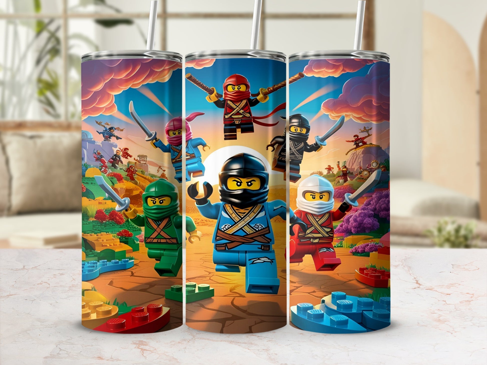 Ninjago characters fighting on colorful LEGO bricks.
