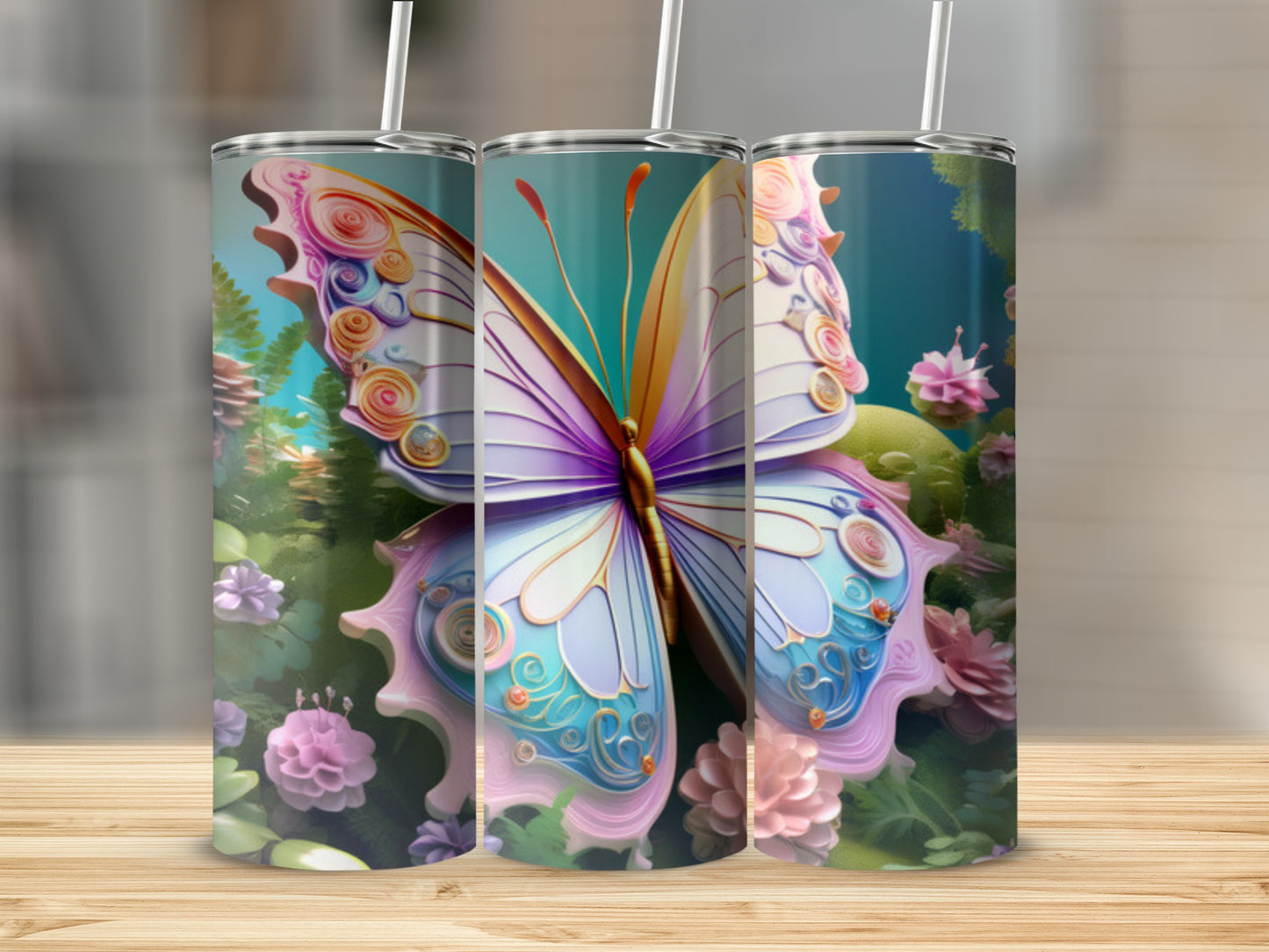 Butterfly tumbler with floral and forest elements.