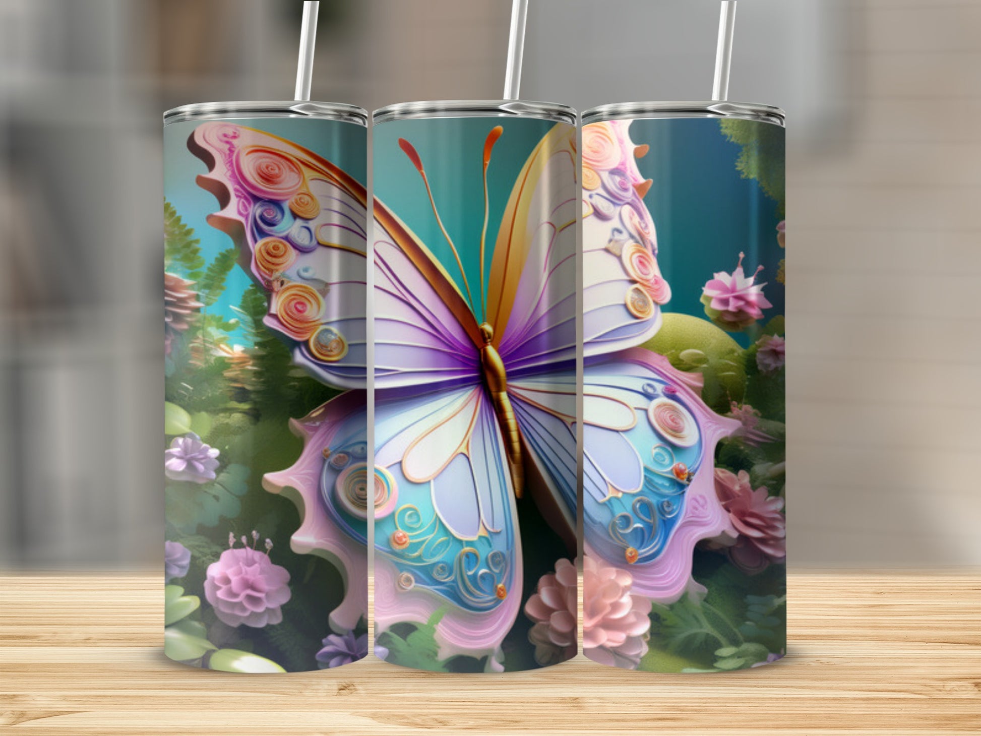 Butterfly tumbler with floral and forest elements.