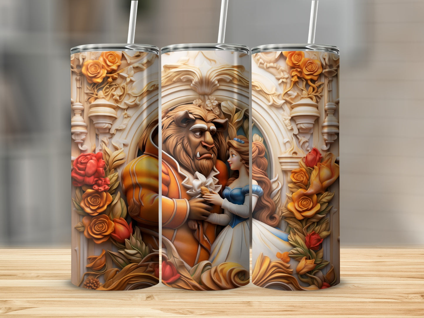Beauty and the Beast themed tumbler with intricate design