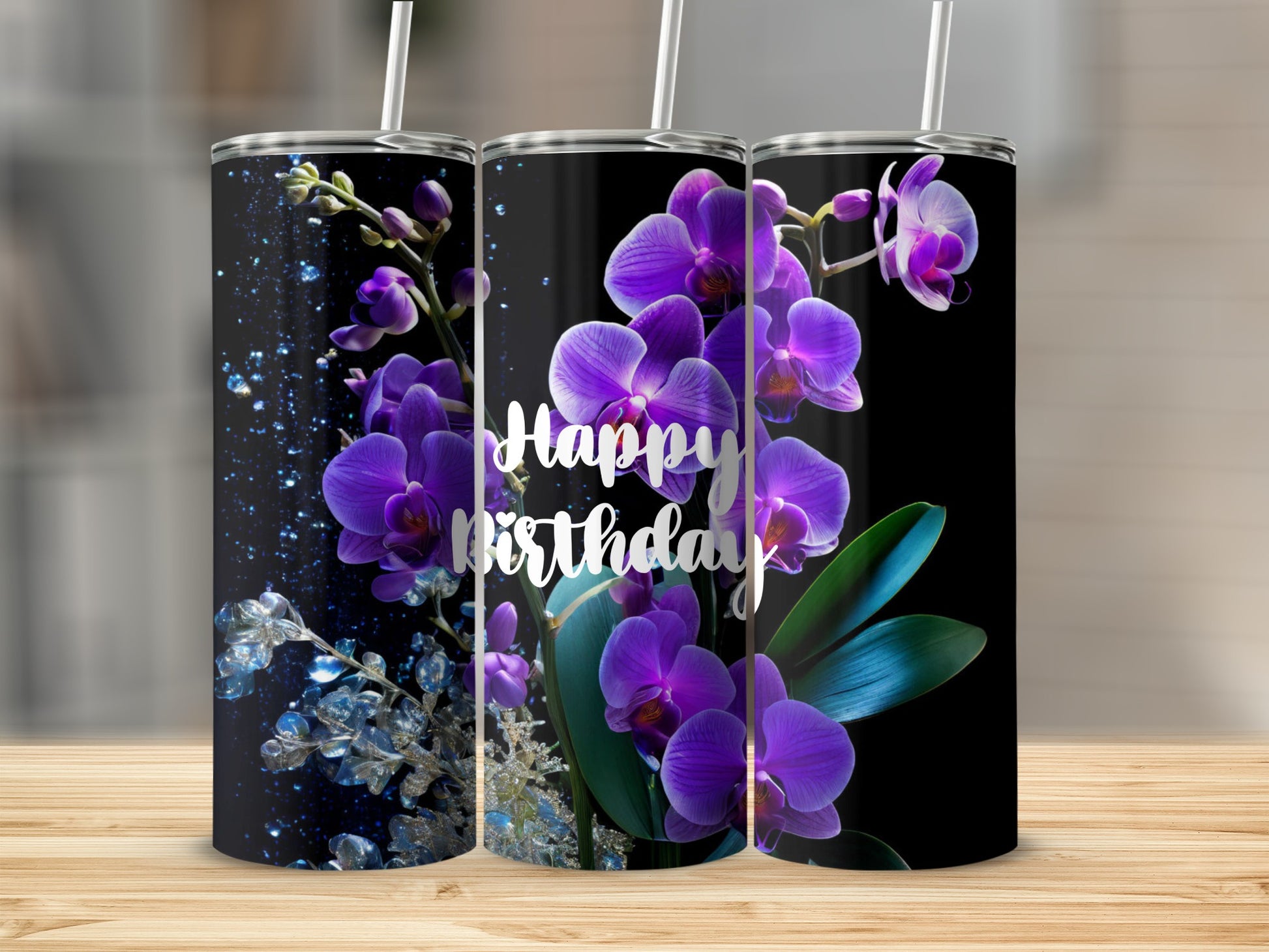 Purple orchids and text "Happy Birthday" on a black tumbler.