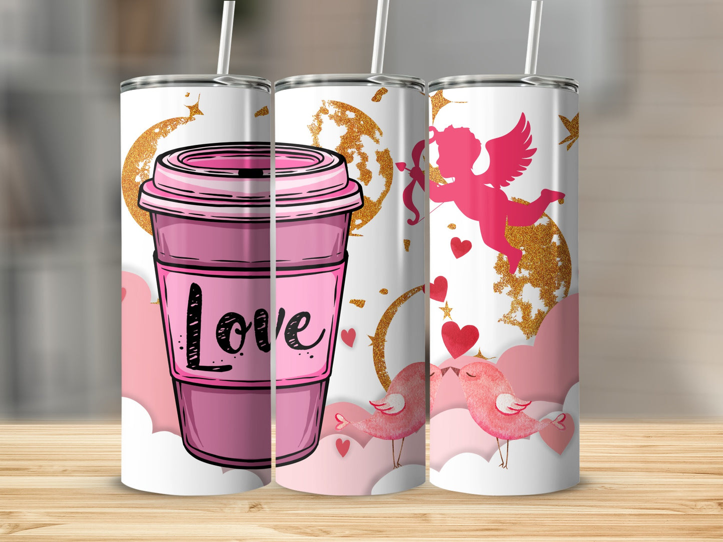 Cute Love Themed Tumbler with Pink Coffee Cup and Hearts