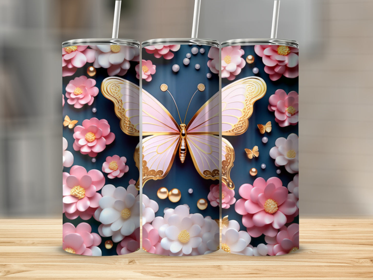 Pink butterfly and floral pattern on a skinny tumbler.