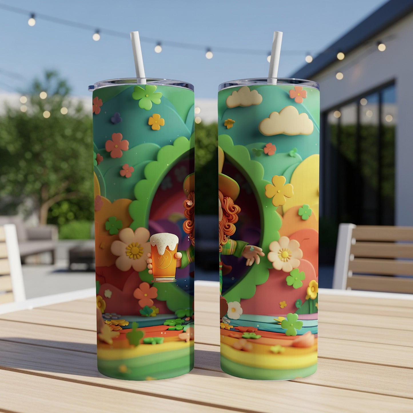 Leprechaun and clover floral design on two skinny tumblers with straws.