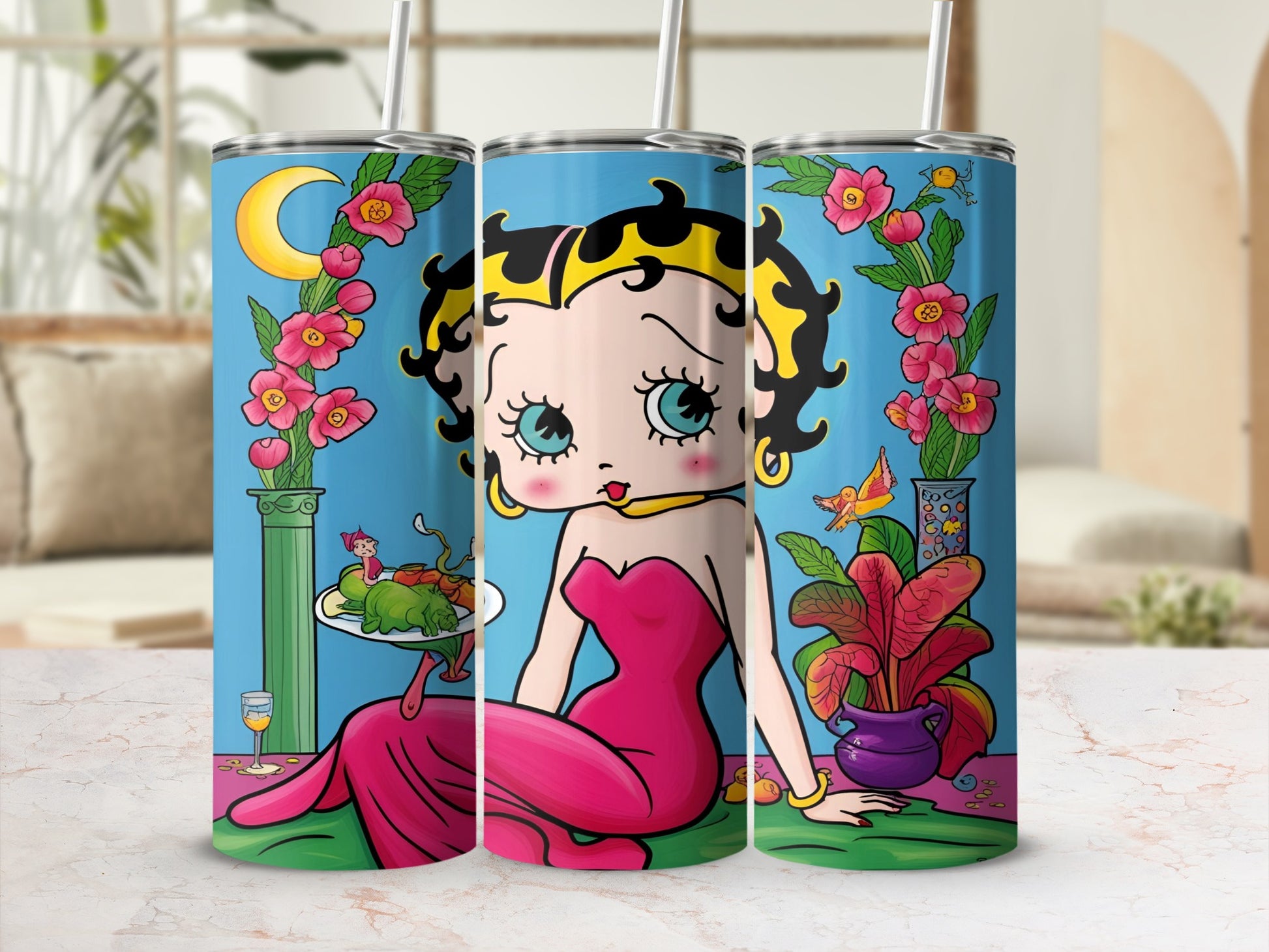 Betty Boop in a pink dress holding a tray with food, against a floral background.