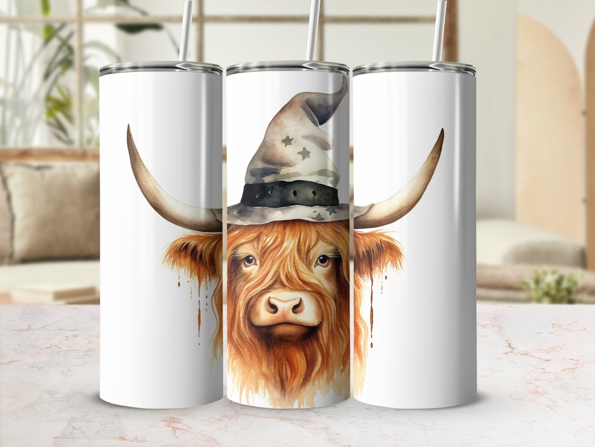 Highland cow wearing a witch hat, watercolor style.