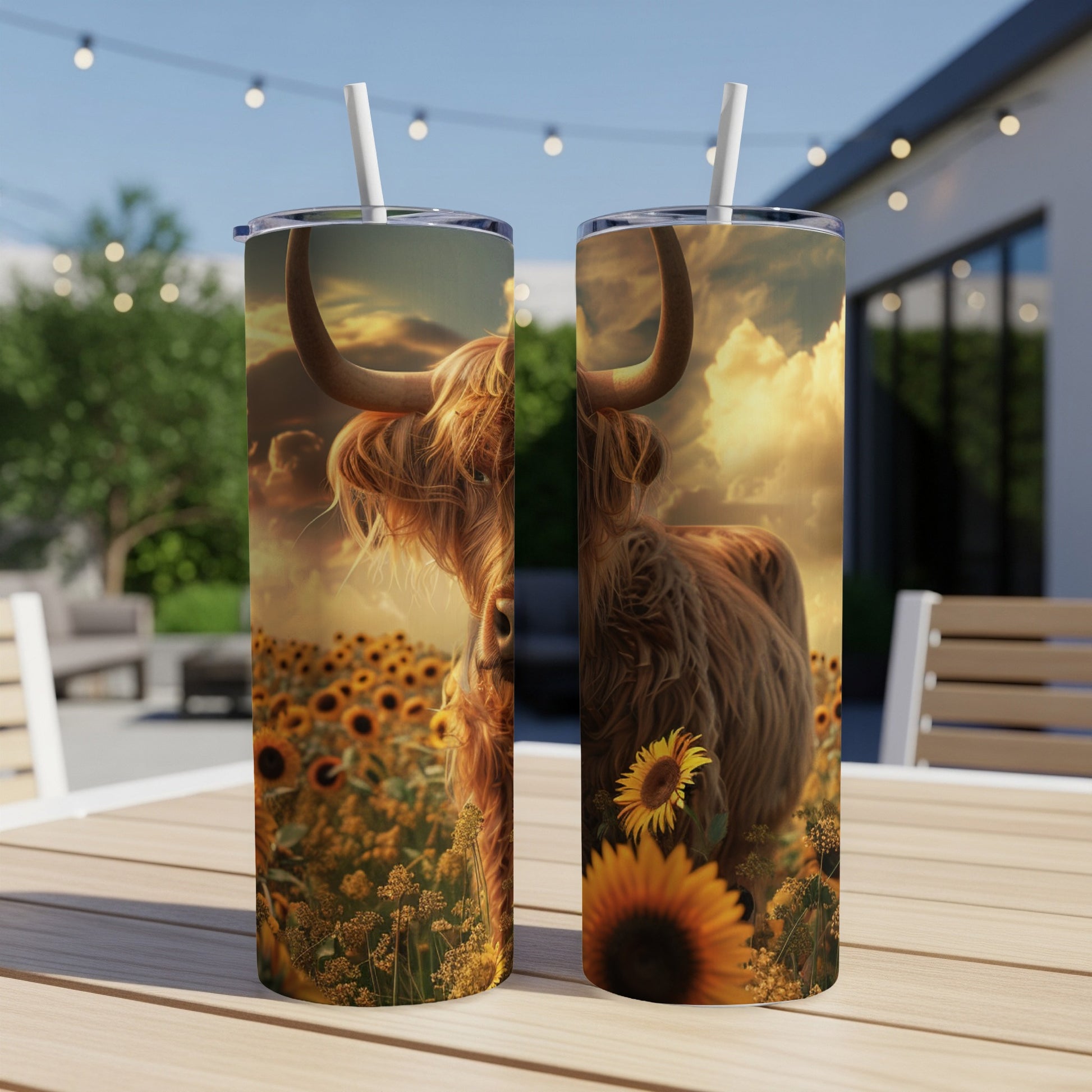 Highland cow among sunflowers on a tumbler.