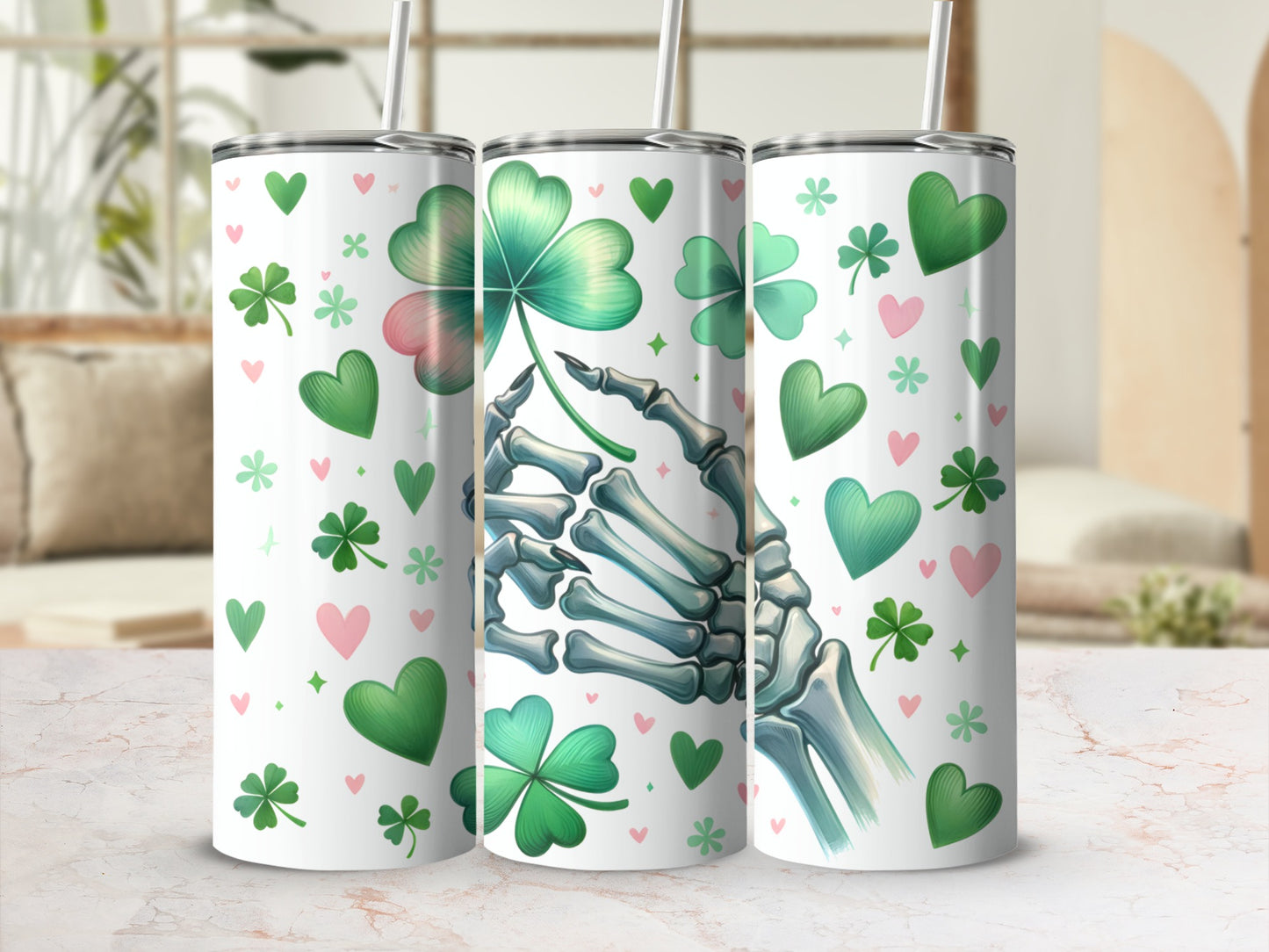 Skeleton hand holding shamrock with hearts and shamrocks pattern on tumblers.