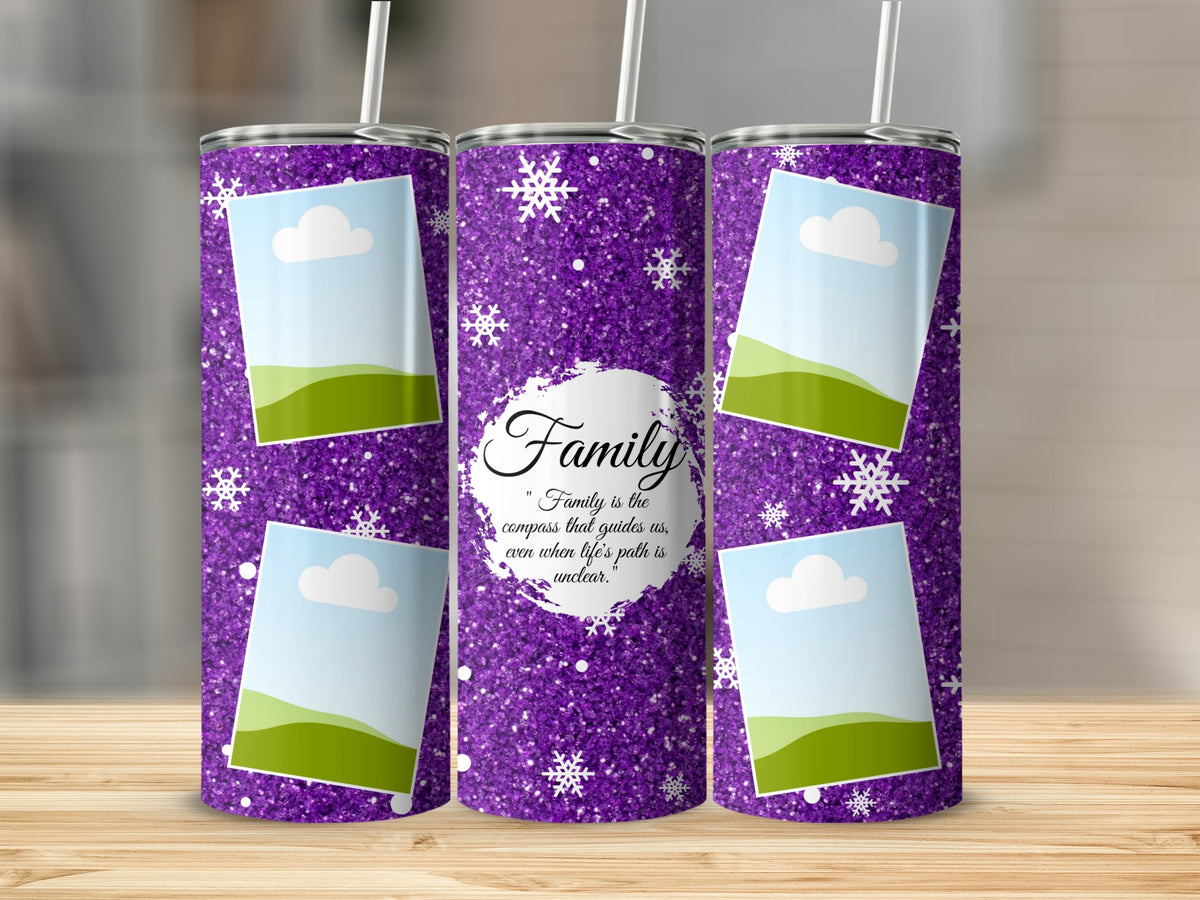 Purple glitter tumbler with snowflakes, photo placeholders, and "Family" quote.