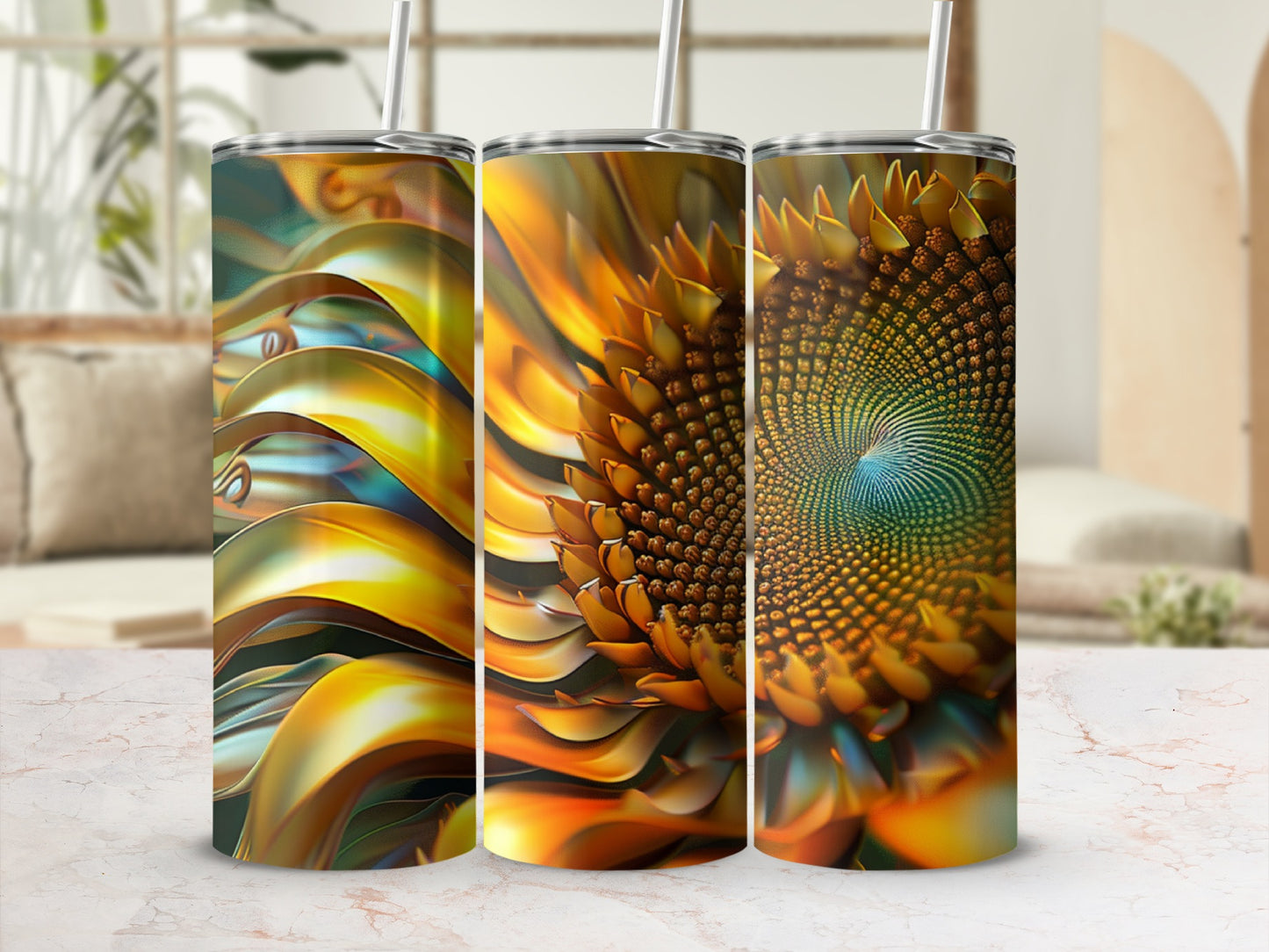 Three tumblers showcasing abstract golden and green sunflower petal designs.
