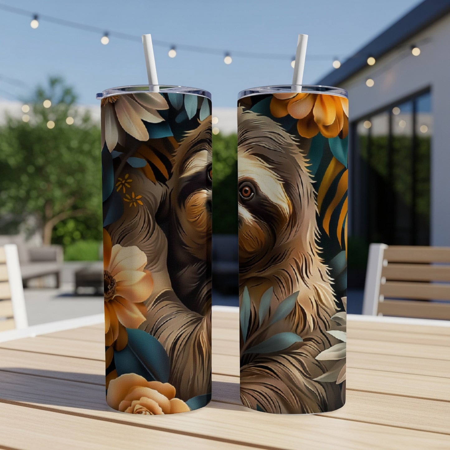 Two tumblers with a sloth and floral pattern on a wooden table.