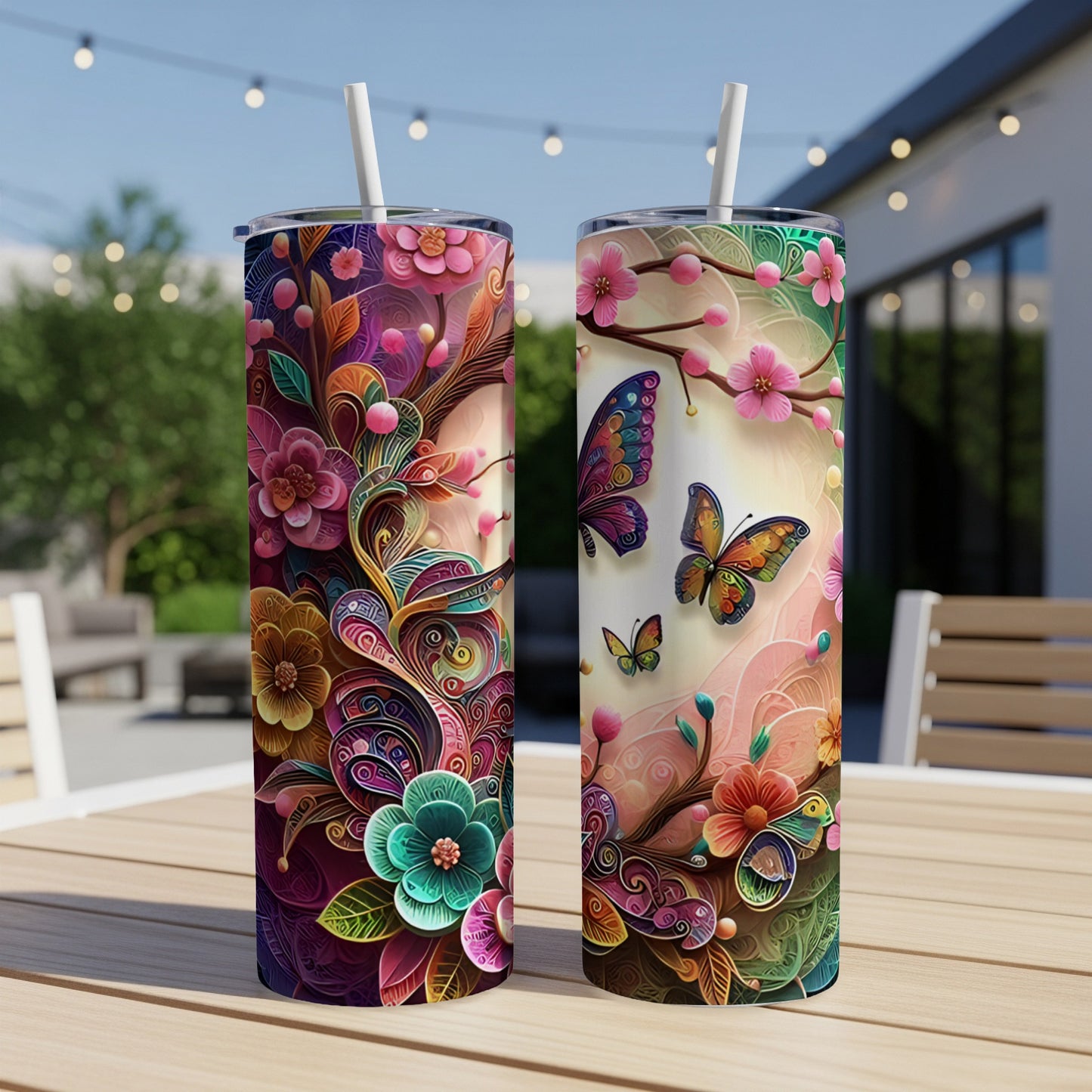 Two colorful tumblers with floral and butterfly designs.
