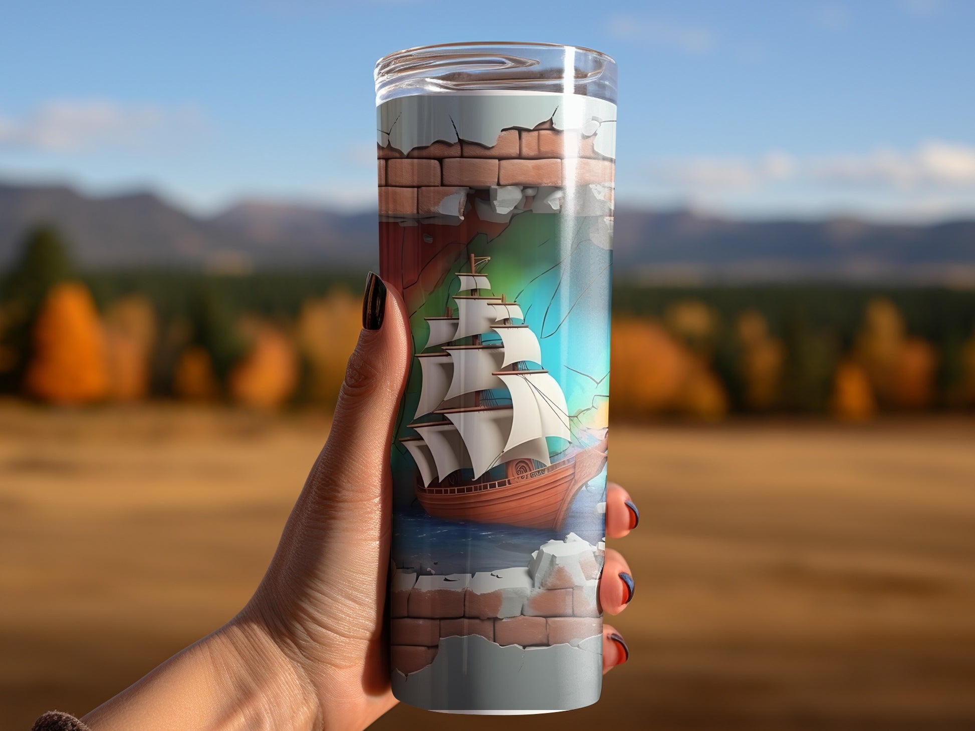 Sailboat Breaking Through Wall Design Tumbler