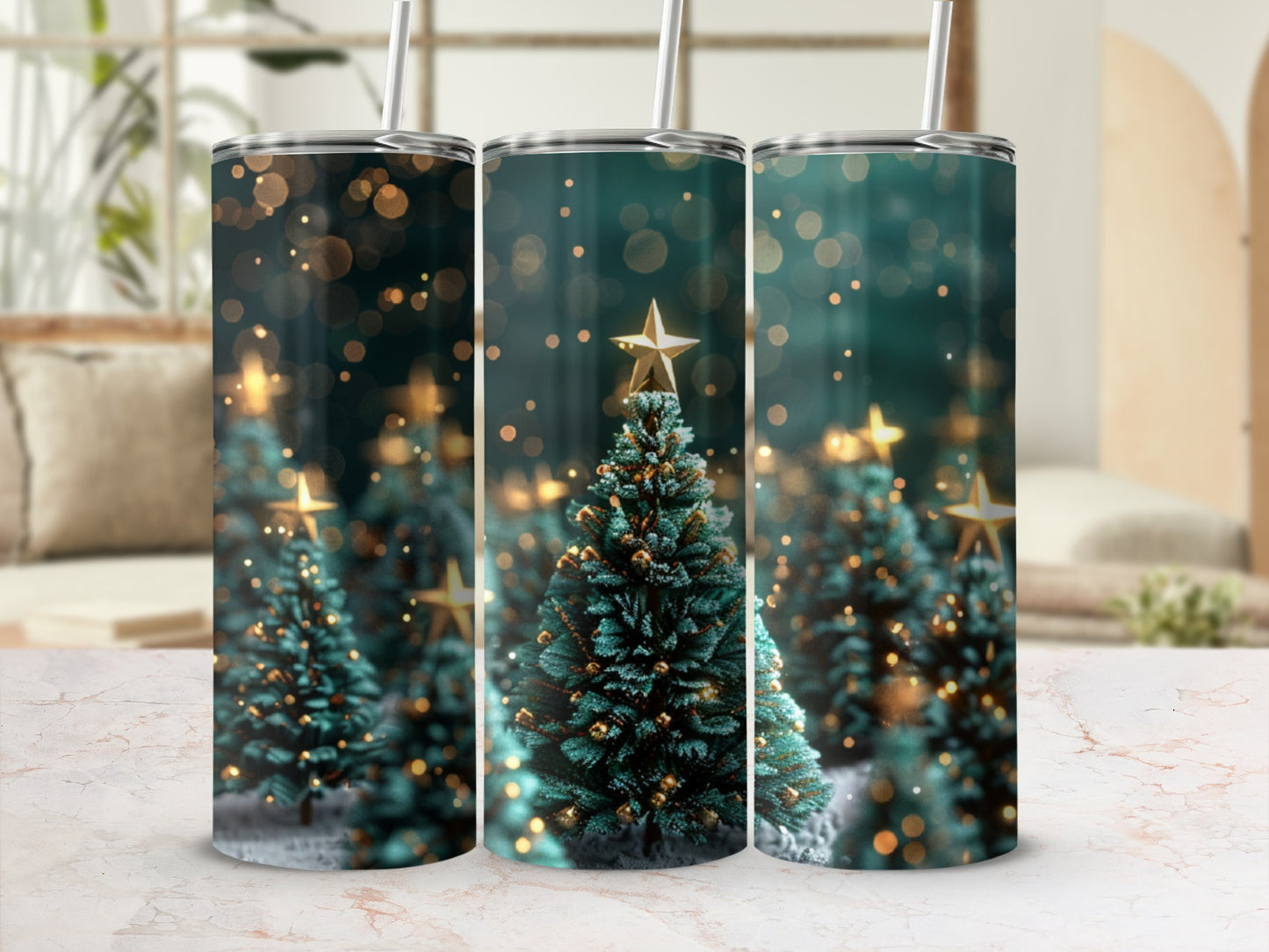 Three tumblers with a bokeh Christmas tree design.